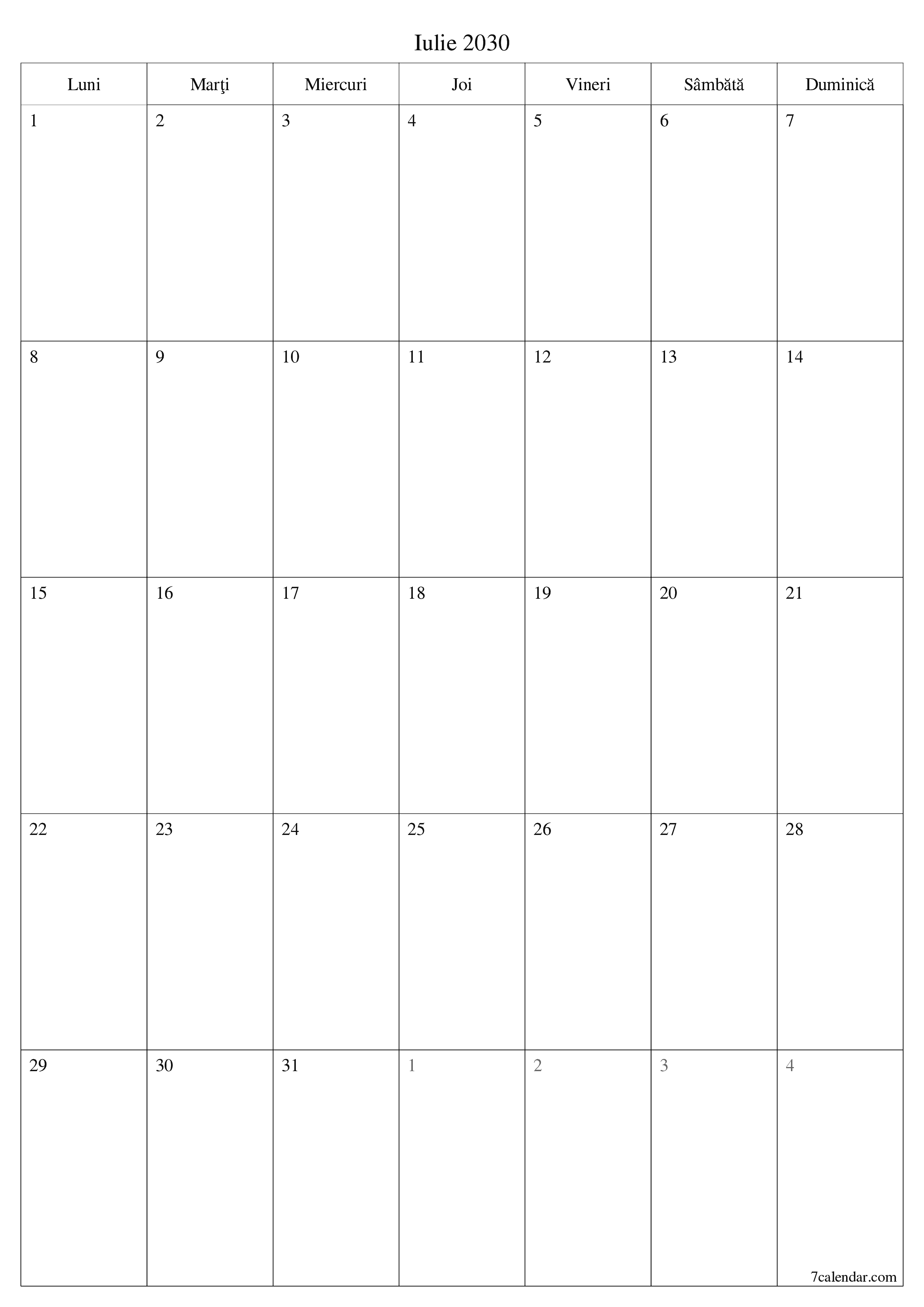  imprimabil de perete șablon de gratuitvertical Lunar planificator calendar Iulie (Iul) 2030