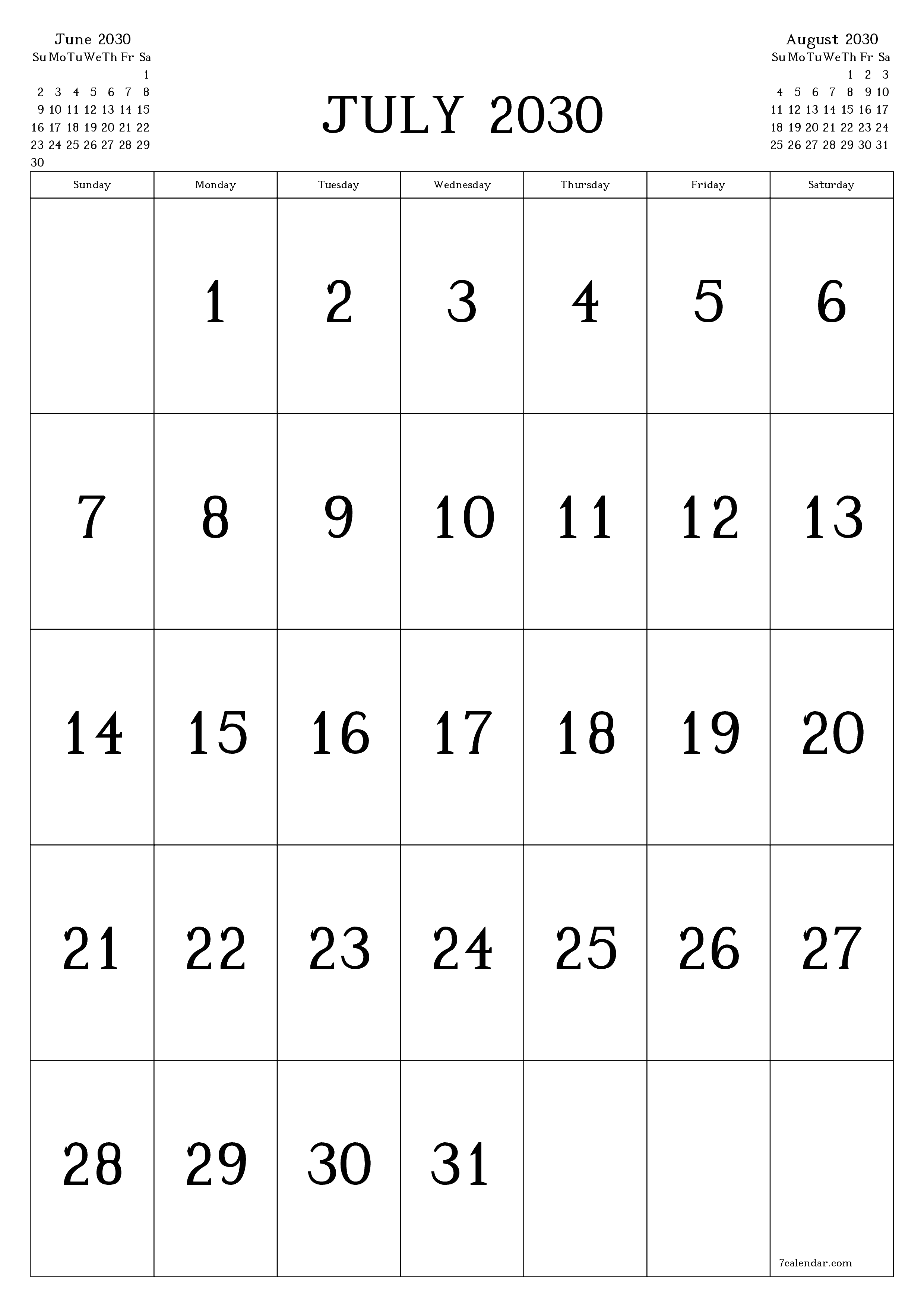 Blank calendar July 2030