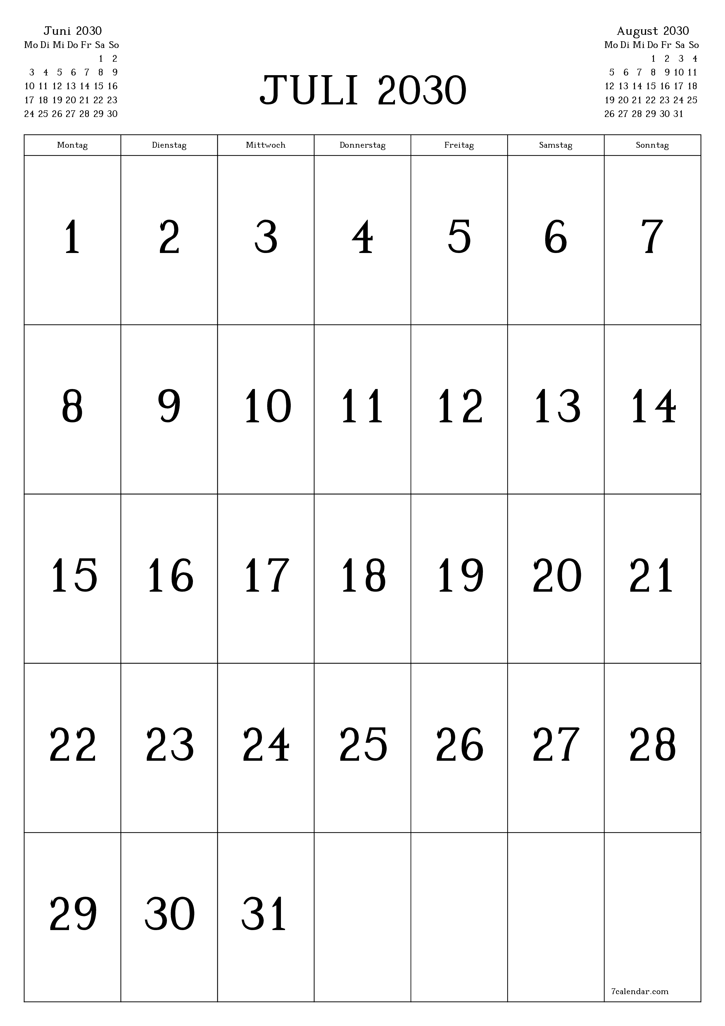  zum Ausdrucken Wandkalender vorlage kostenloser vertikal Monatlich Kalender Juli (Jul) 2030