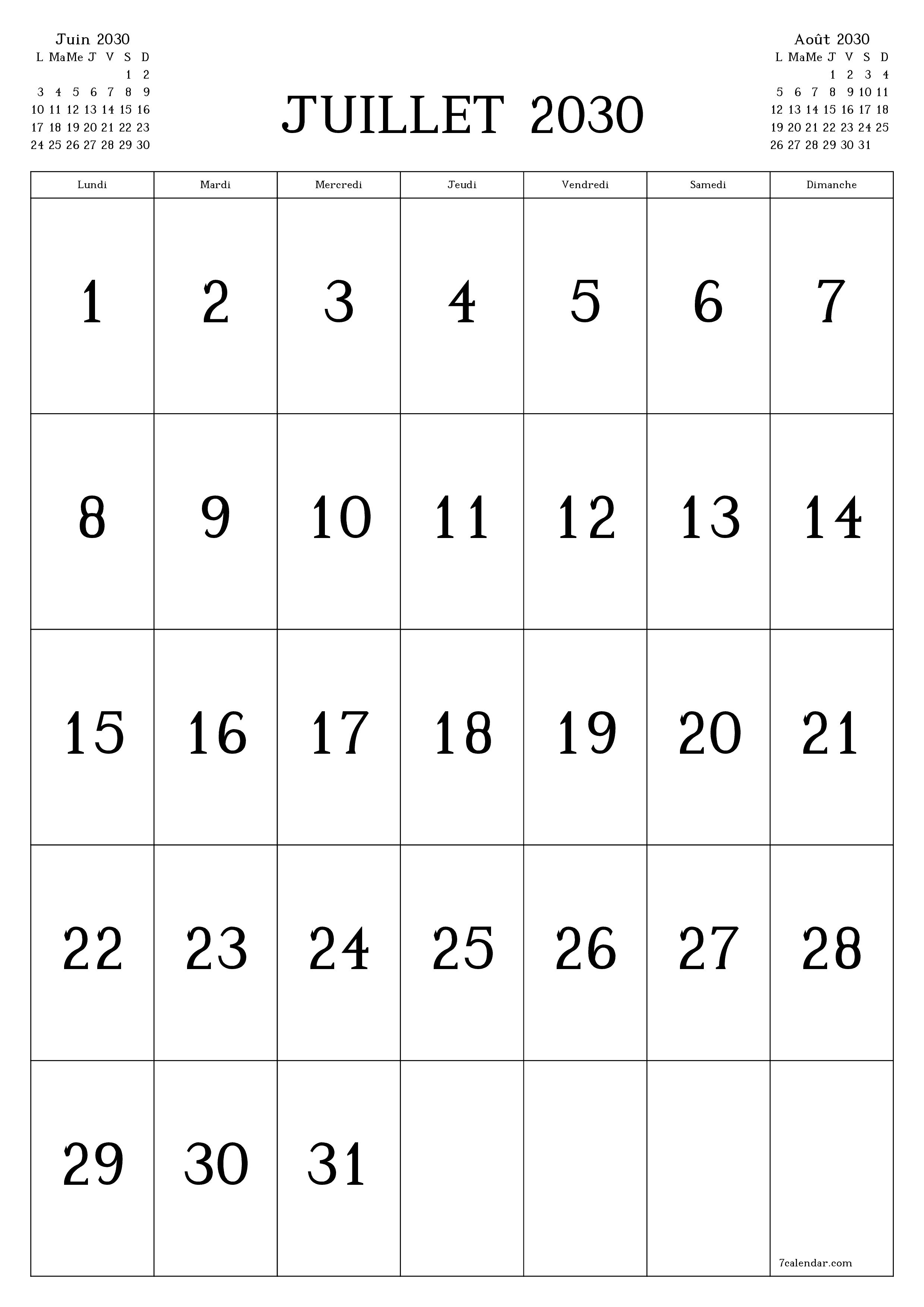  imprimable mural modèle de gratuitverticale Mensuel calendrier Juillet (Jul) 2030
