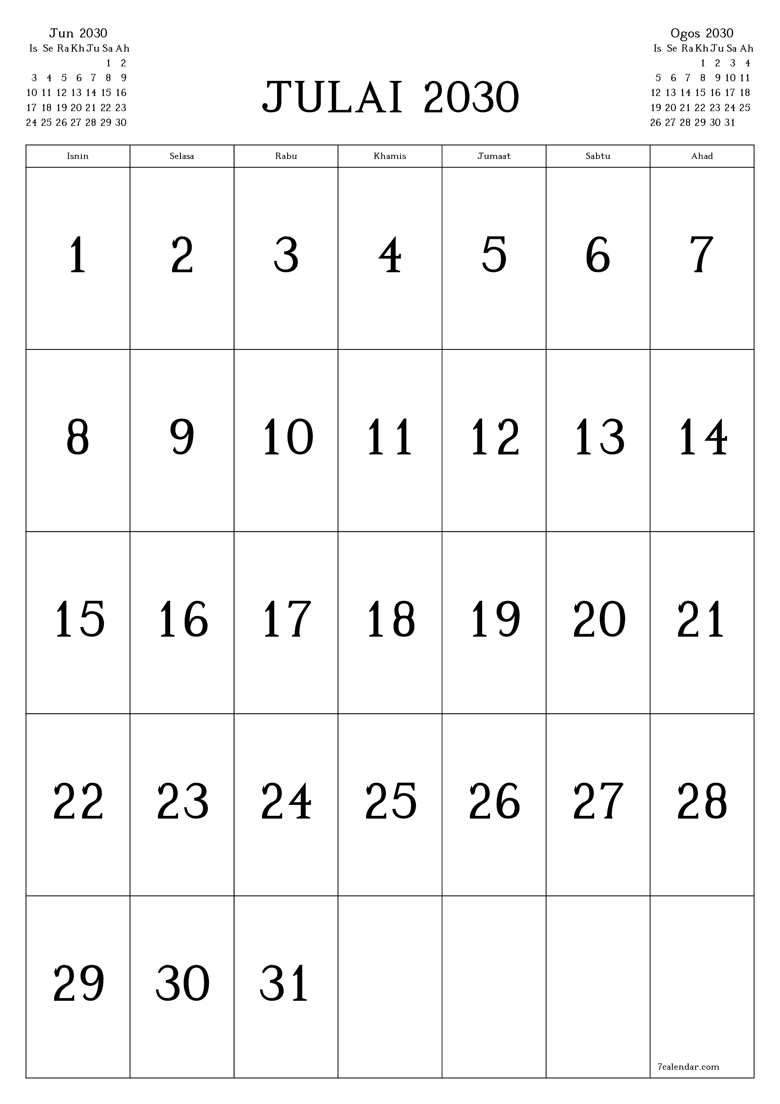  boleh cetak dinding templat percumamenegak Bulanan kalendar Julai (Jul) 2030