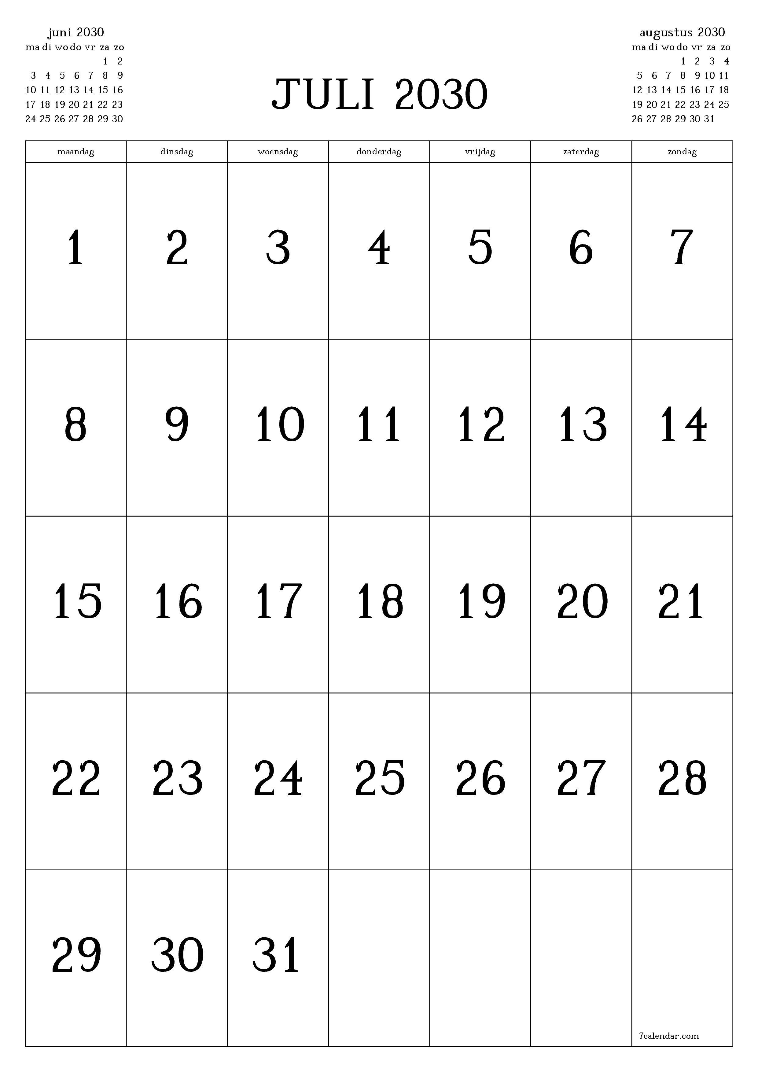 afdrukbare muur sjabloon gratis verticaal Maandelijks kalender juli (jul) 2030