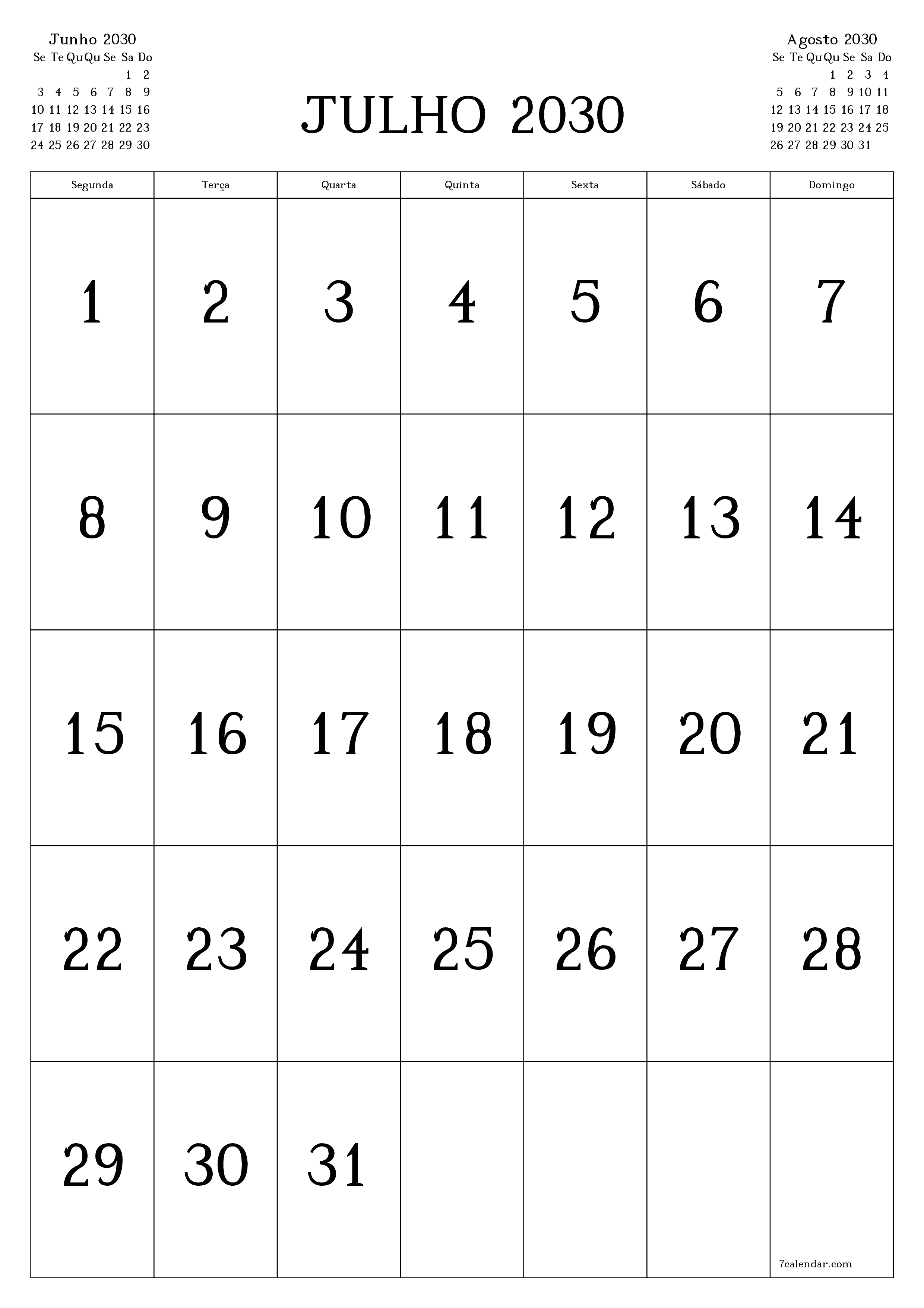  para impressão de parede modelo de grátisvertical Mensal calendário Julho (Jul) 2030
