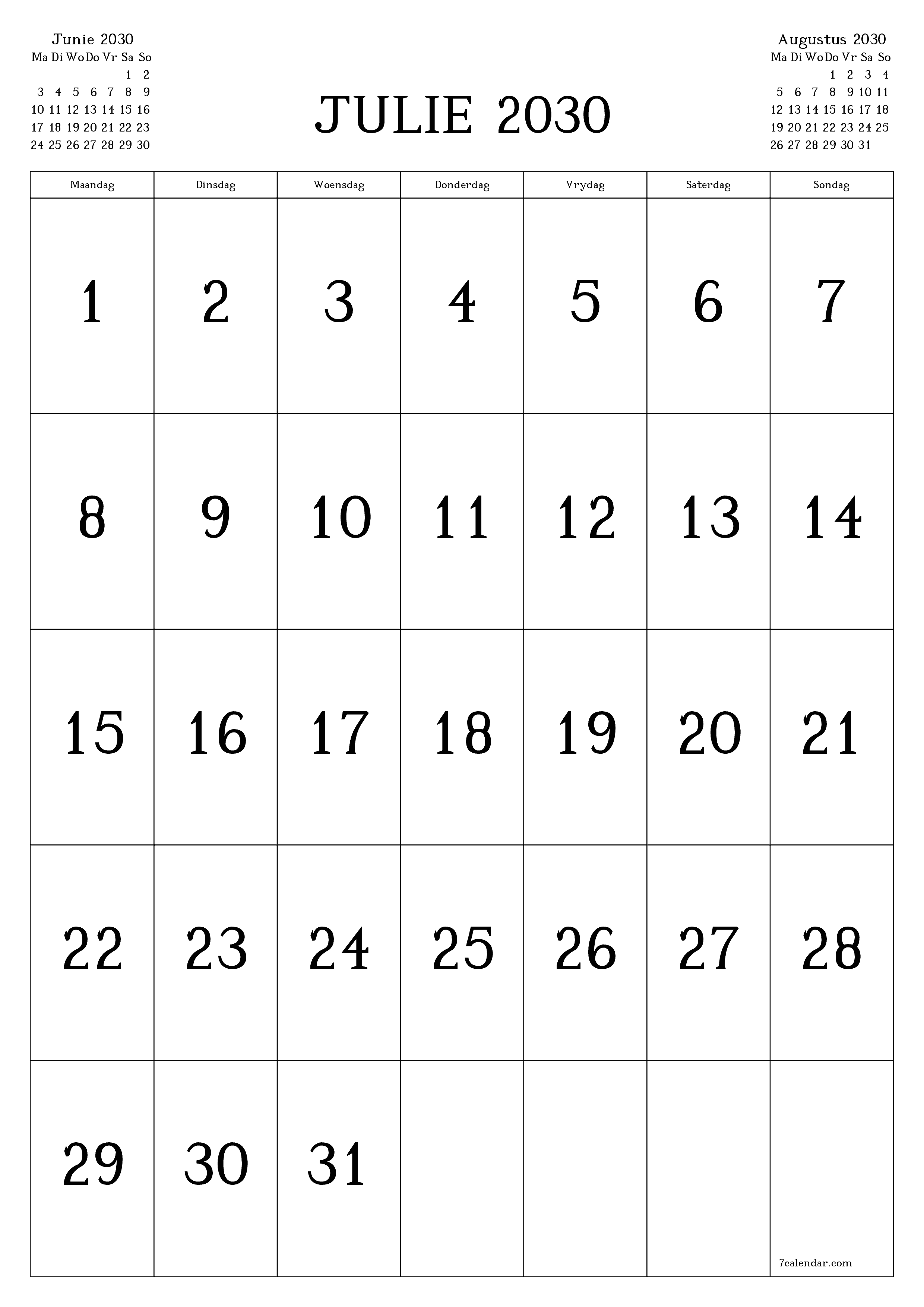 drukbare muur template gratis vertikaal Maandeliks kalender Julie (Jul) 2030
