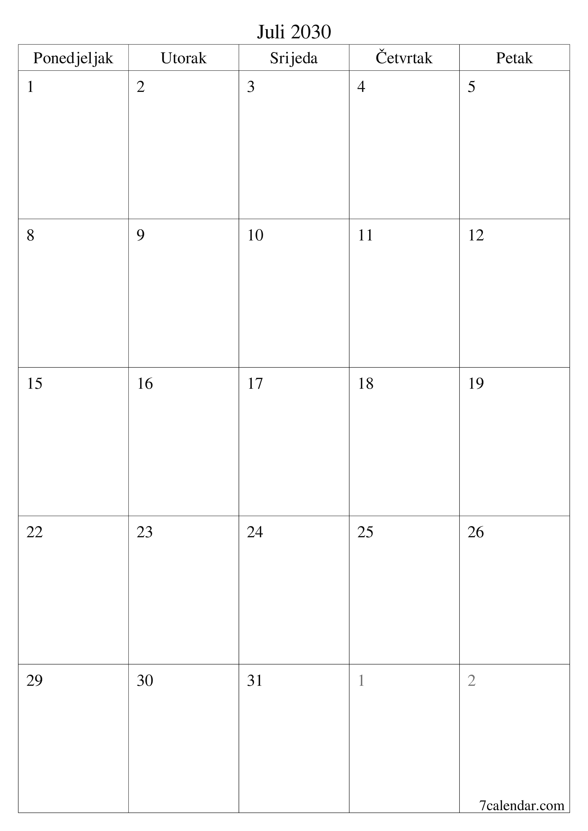  za štampanje zidni šablon a besplatni vertikalno Mjesečno planer kalendar Juli (Jul) 2030