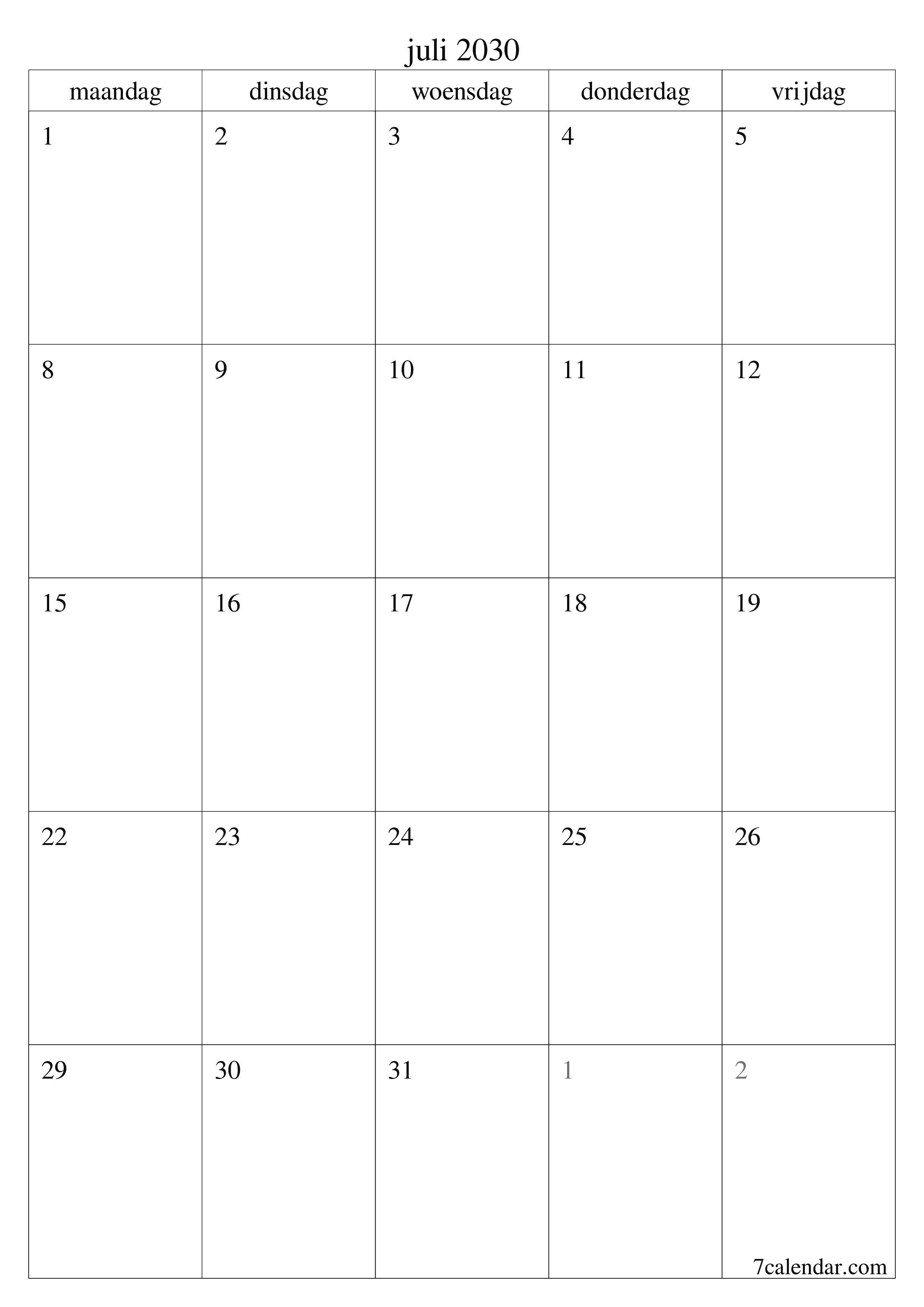 afdrukbare muur sjabloon gratis verticaal Maandelijks planner kalender juli (jul) 2030