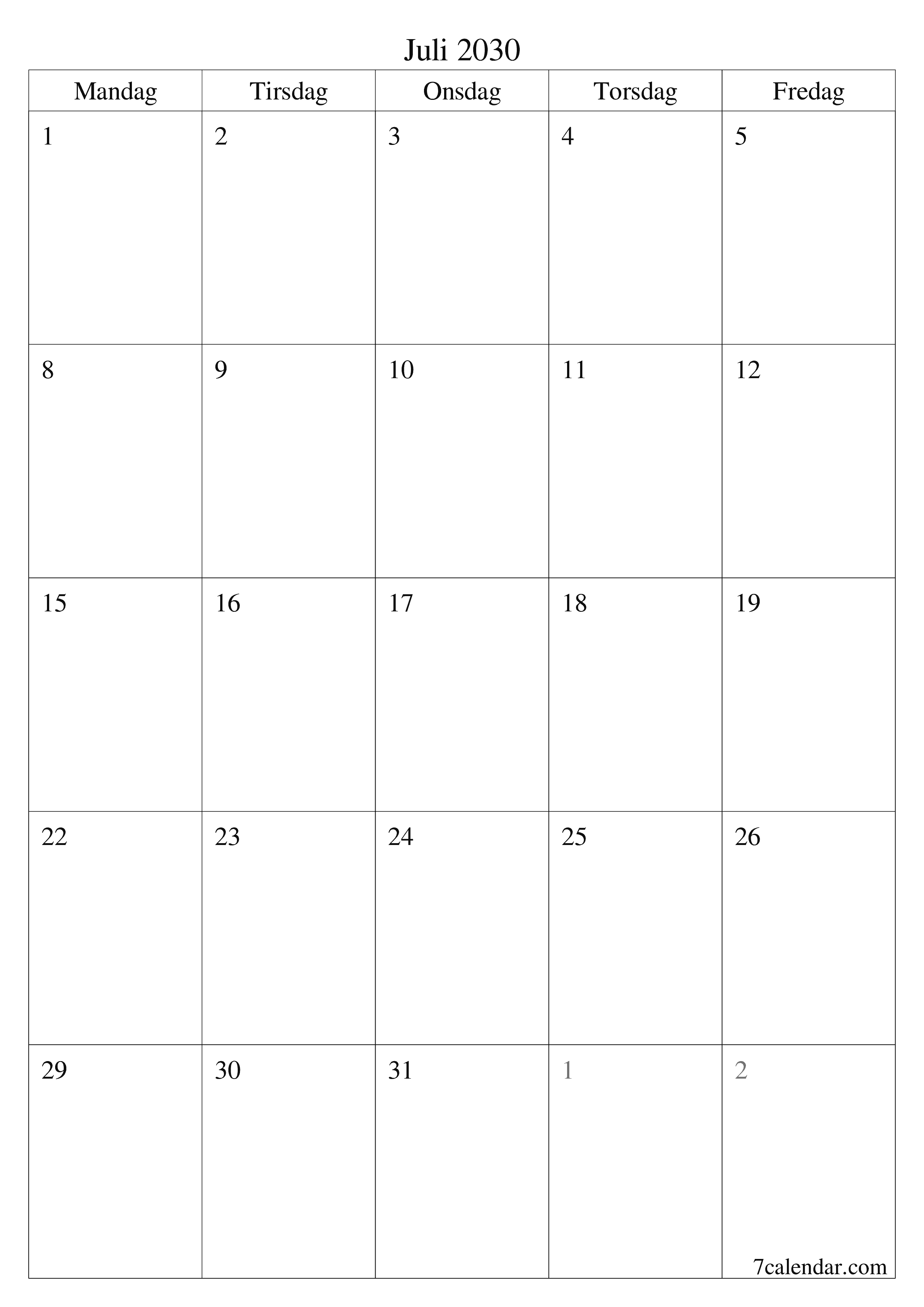 utskrivbar vegg mal gratis vertikal Månedlig planlegger kalender Juli (Jul) 2030