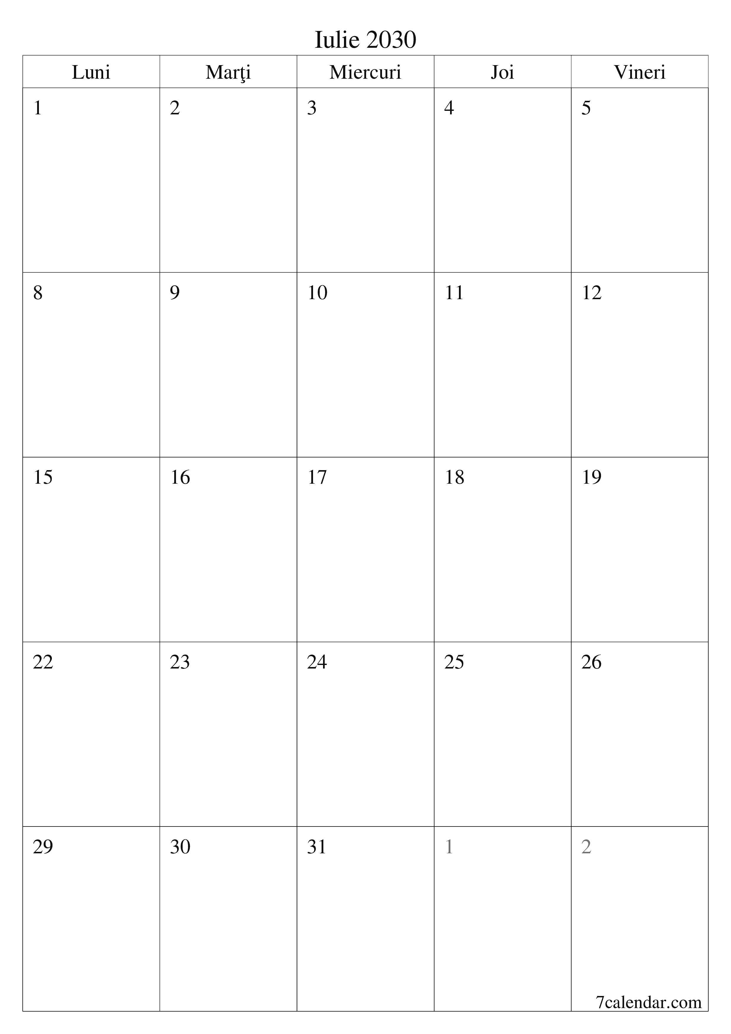  imprimabil de perete șablon de gratuitvertical Lunar planificator calendar Iulie (Iul) 2030