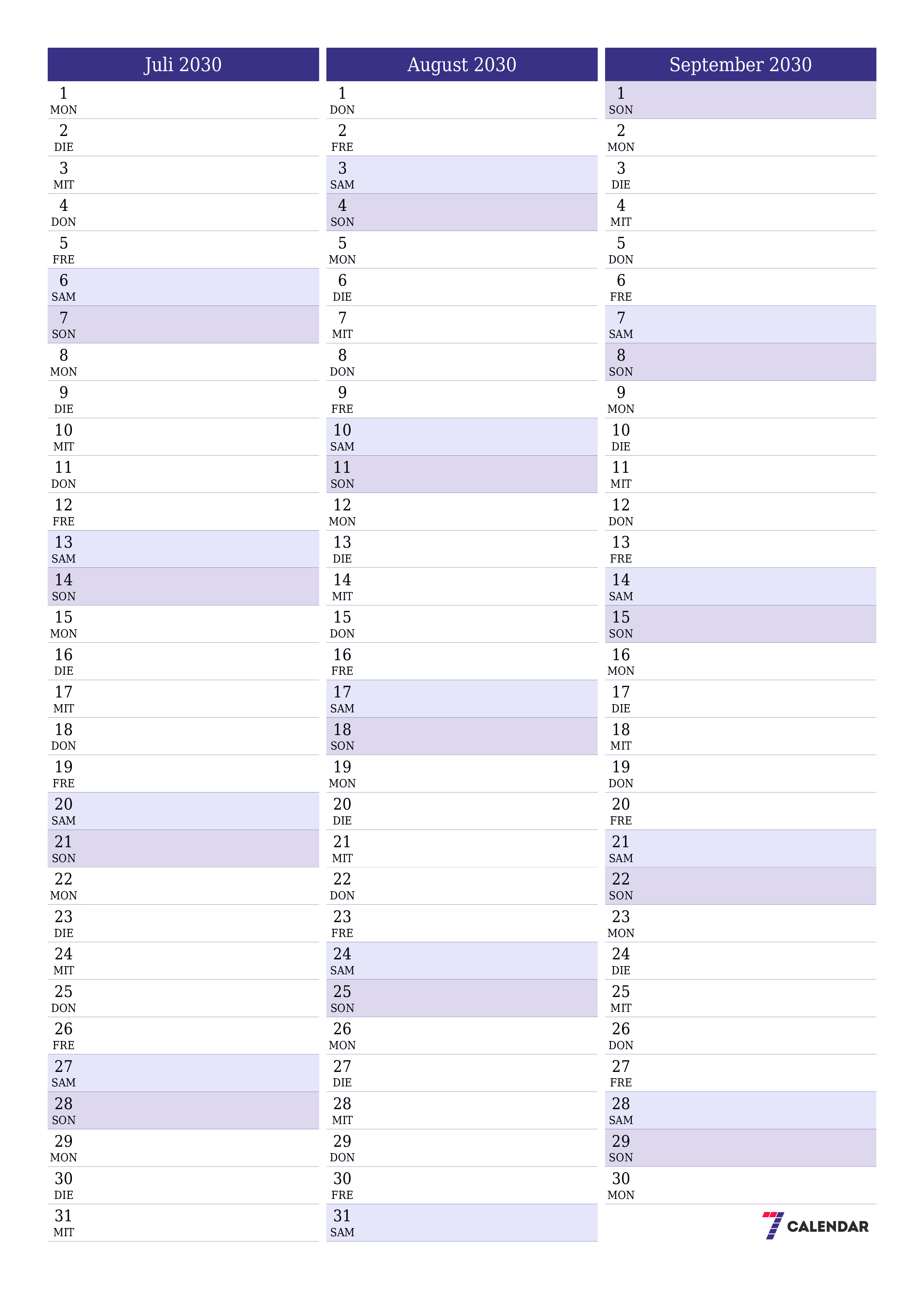  zum Ausdrucken Wandkalender vorlage kostenloser vertikal Monatlich Planer Kalender Juli (Jul) 2030