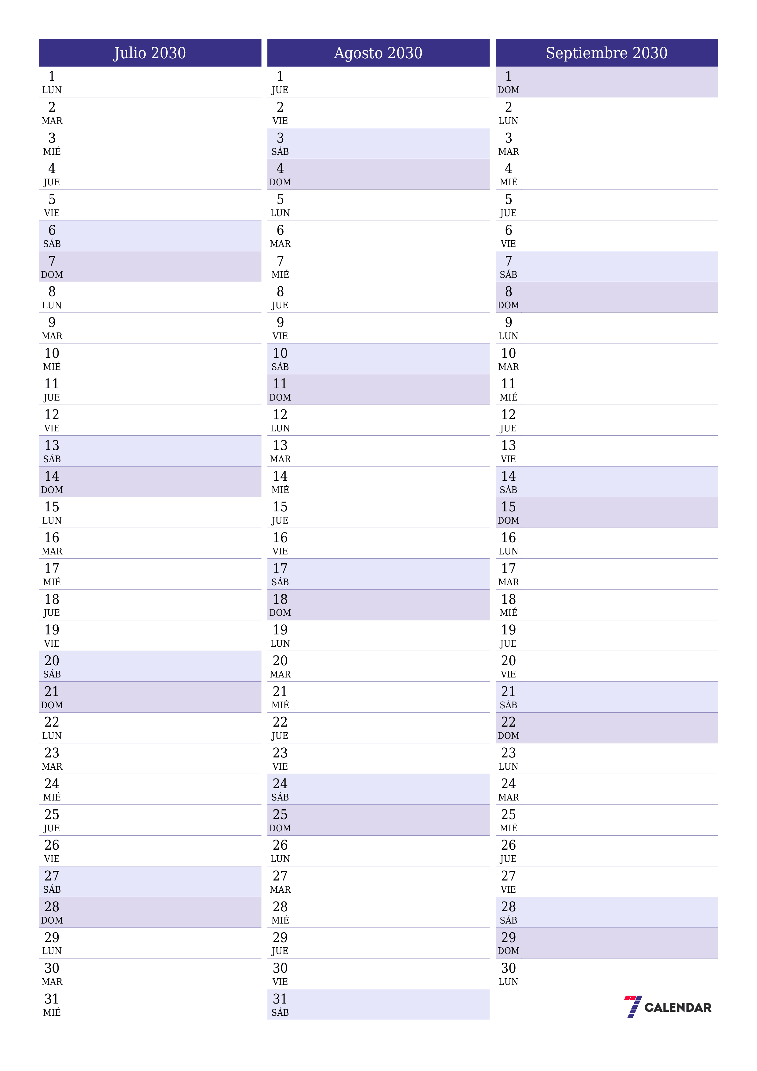  imprimible de pared plantilla de gratisvertical Mensual planificador calendario Julio (Jul) 2030