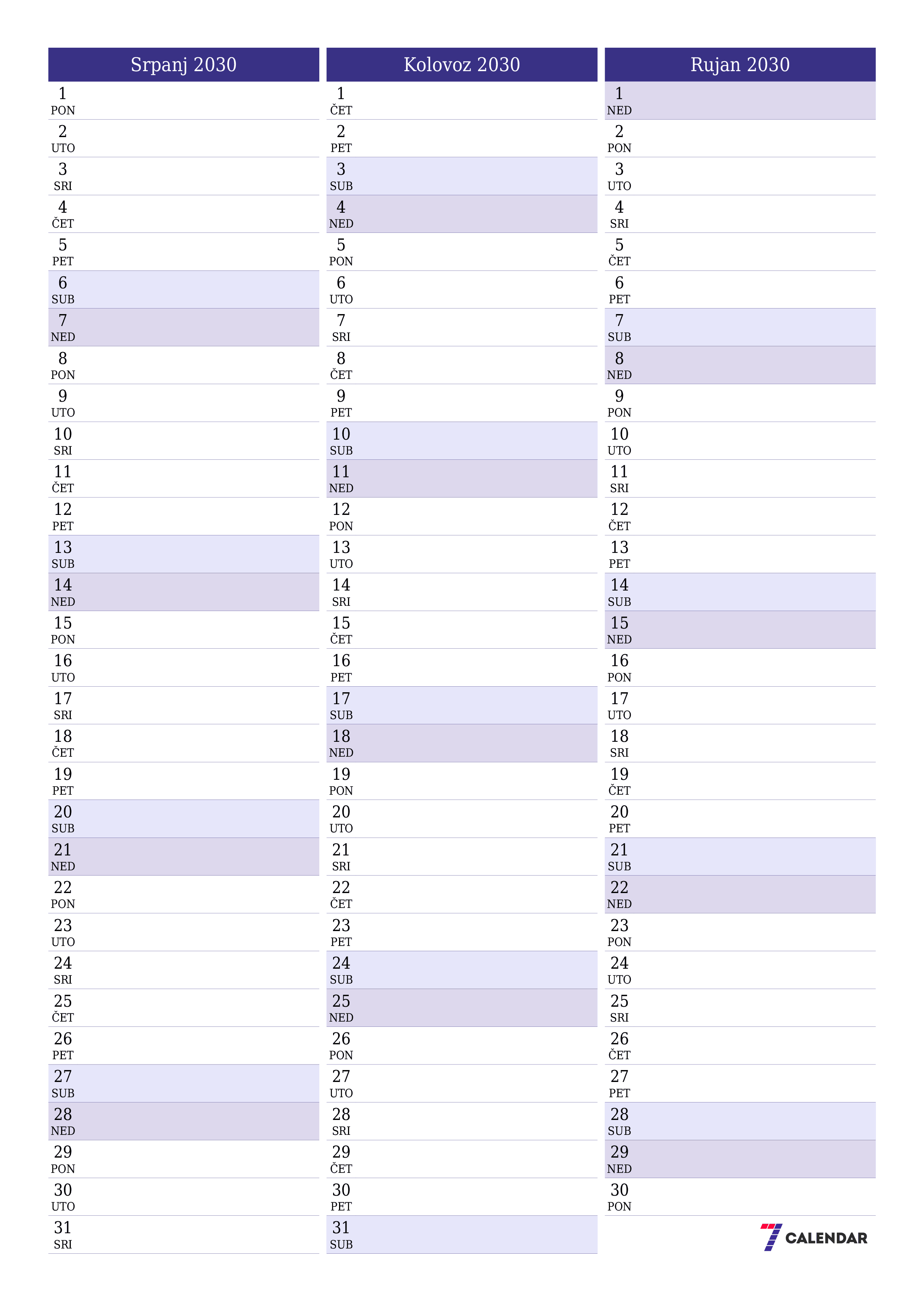  za ispis zidni predložak a besplatni okomito Mjesečni planer kalendar Srpanj (Srp) 2030