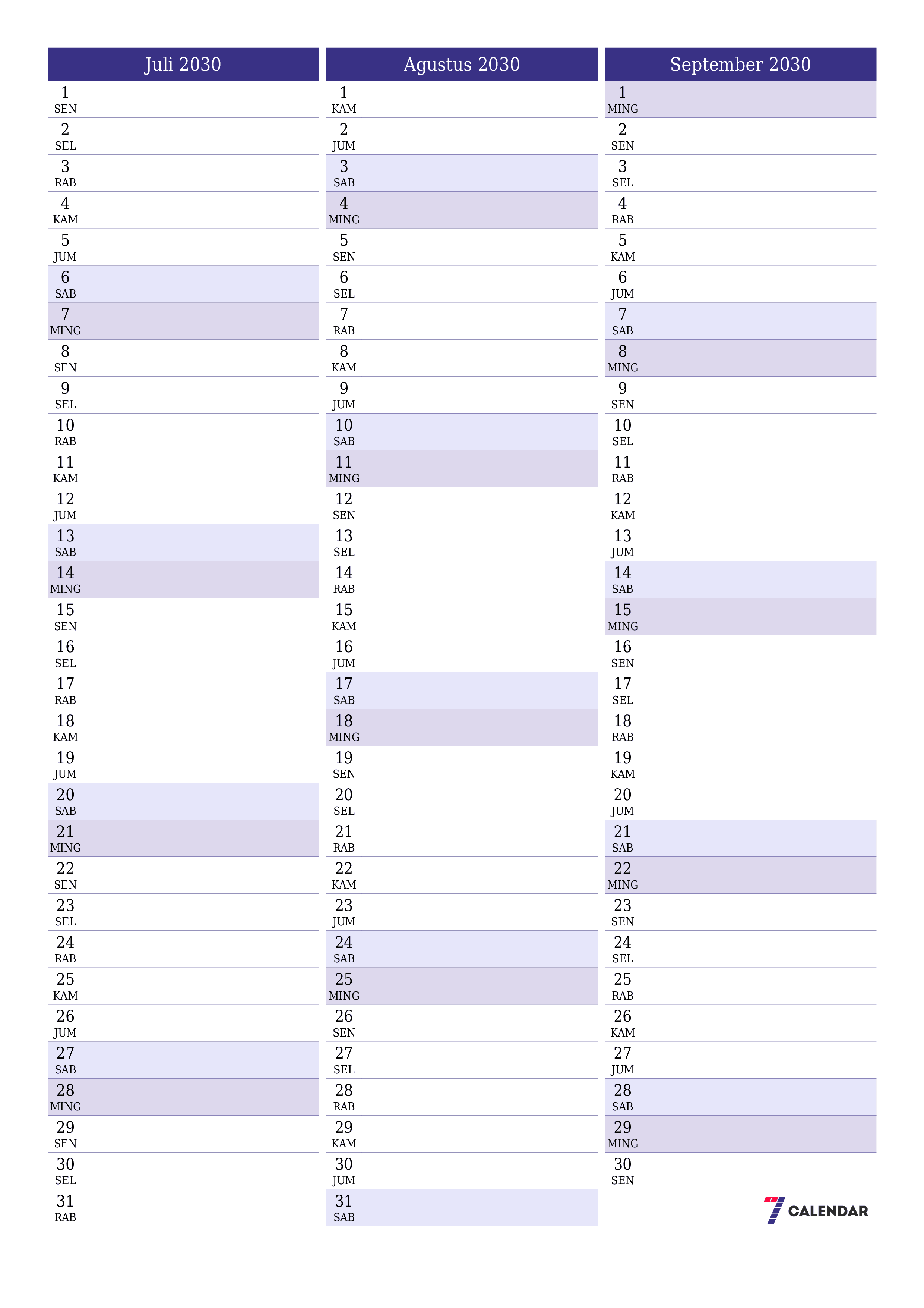  yang dapat dicetak dinding templat gratisvertikal Bulanan perencana kalender Juli (Jul) 2030