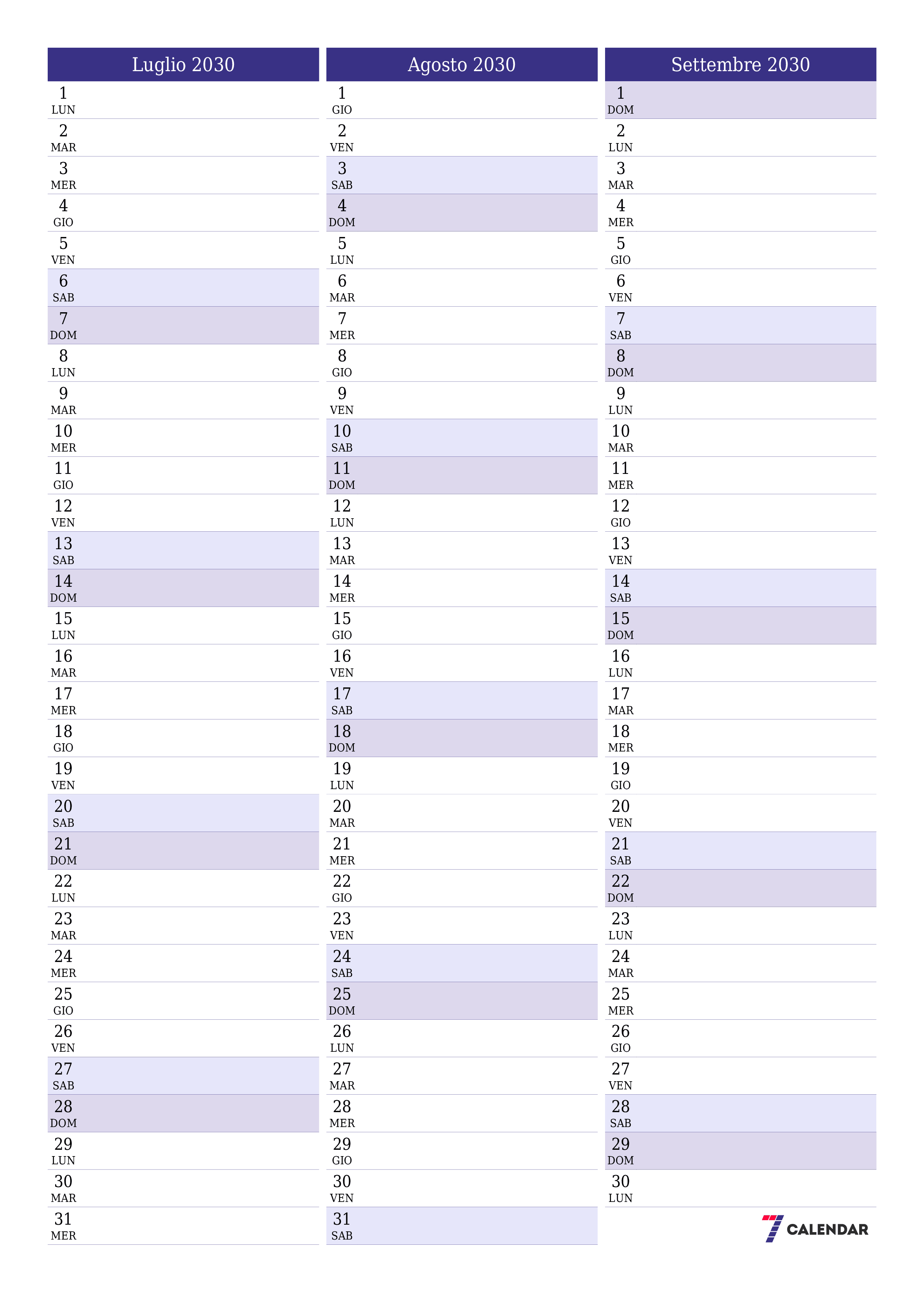  stampabile da parete modello di gratuitoverticale Mensile pianificatore calendario Luglio (Lug) 2030