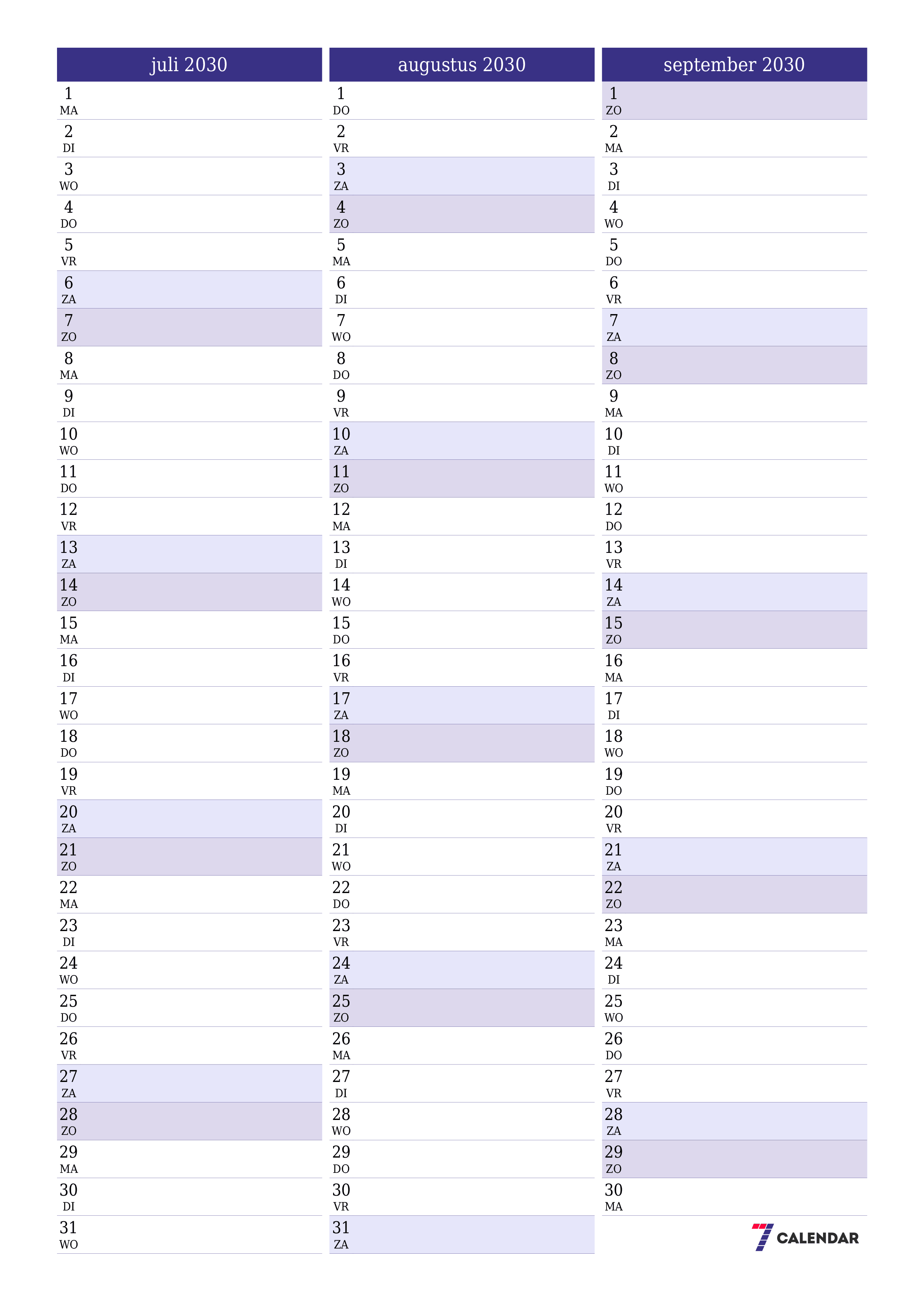 afdrukbare muur sjabloon gratis verticaal Maandelijks planner kalender juli (jul) 2030
