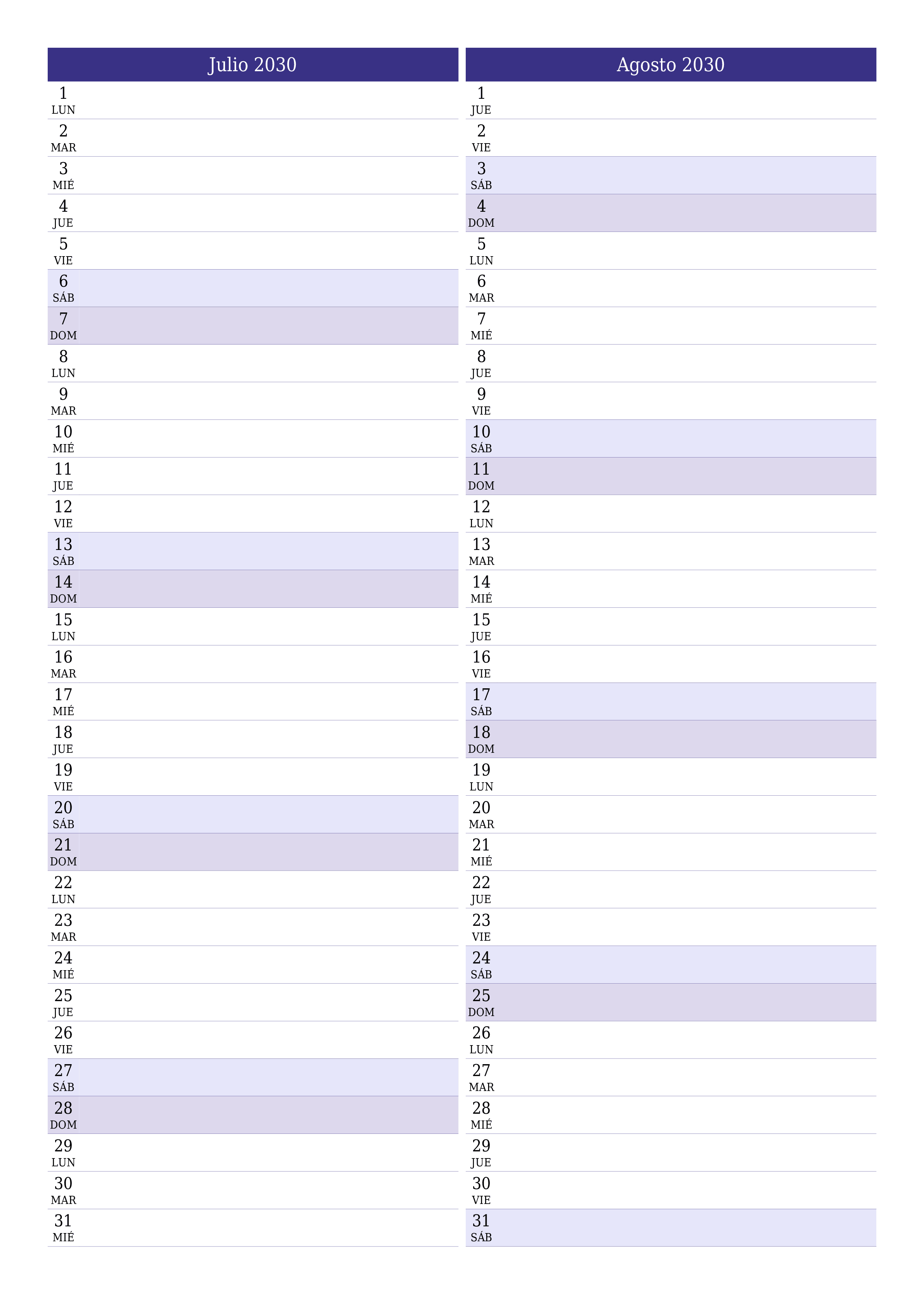  imprimible de pared plantilla de gratisvertical Mensual planificador calendario Julio (Jul) 2030