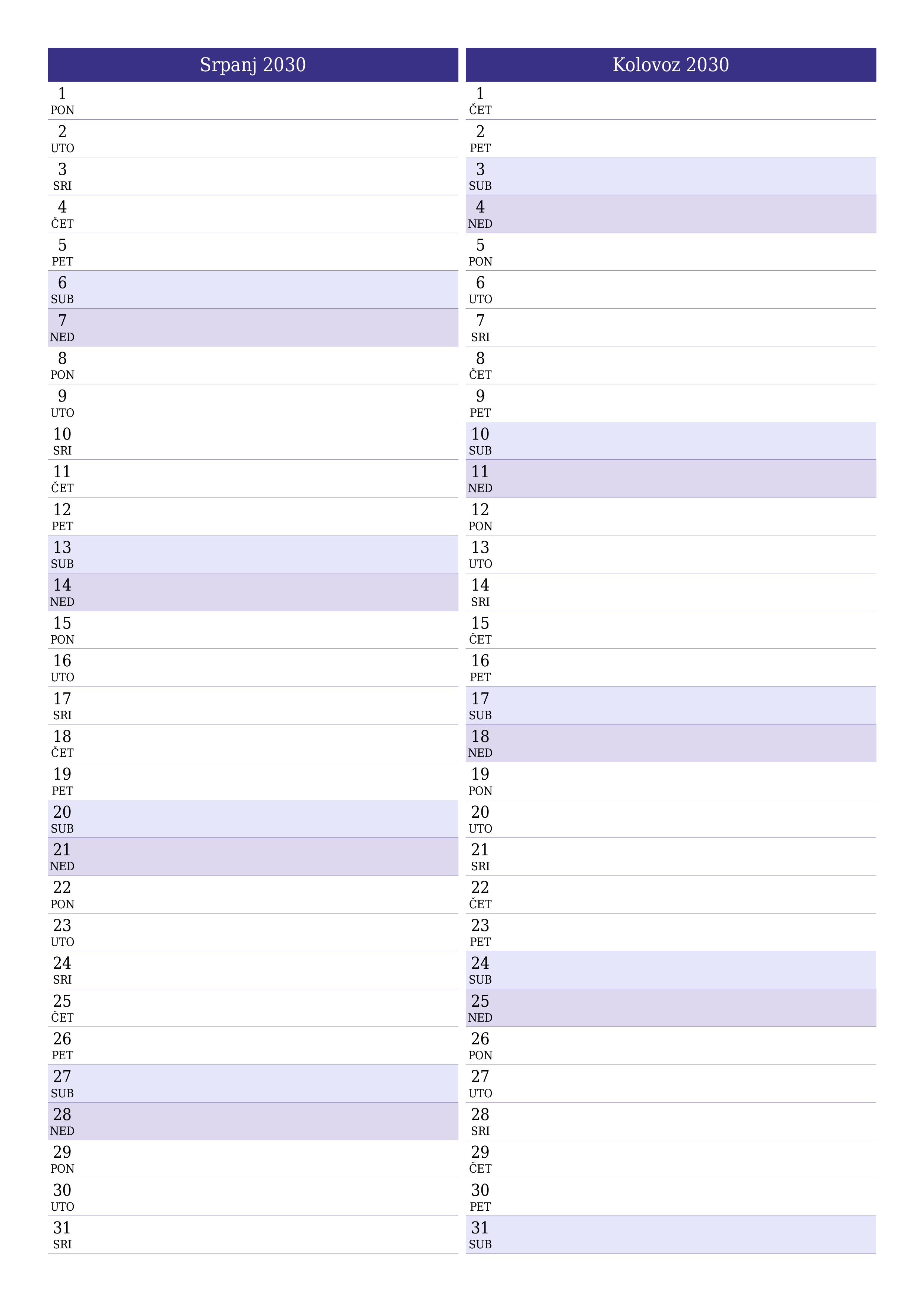  za ispis zidni predložak a besplatni okomito Mjesečni planer kalendar Srpanj (Srp) 2030