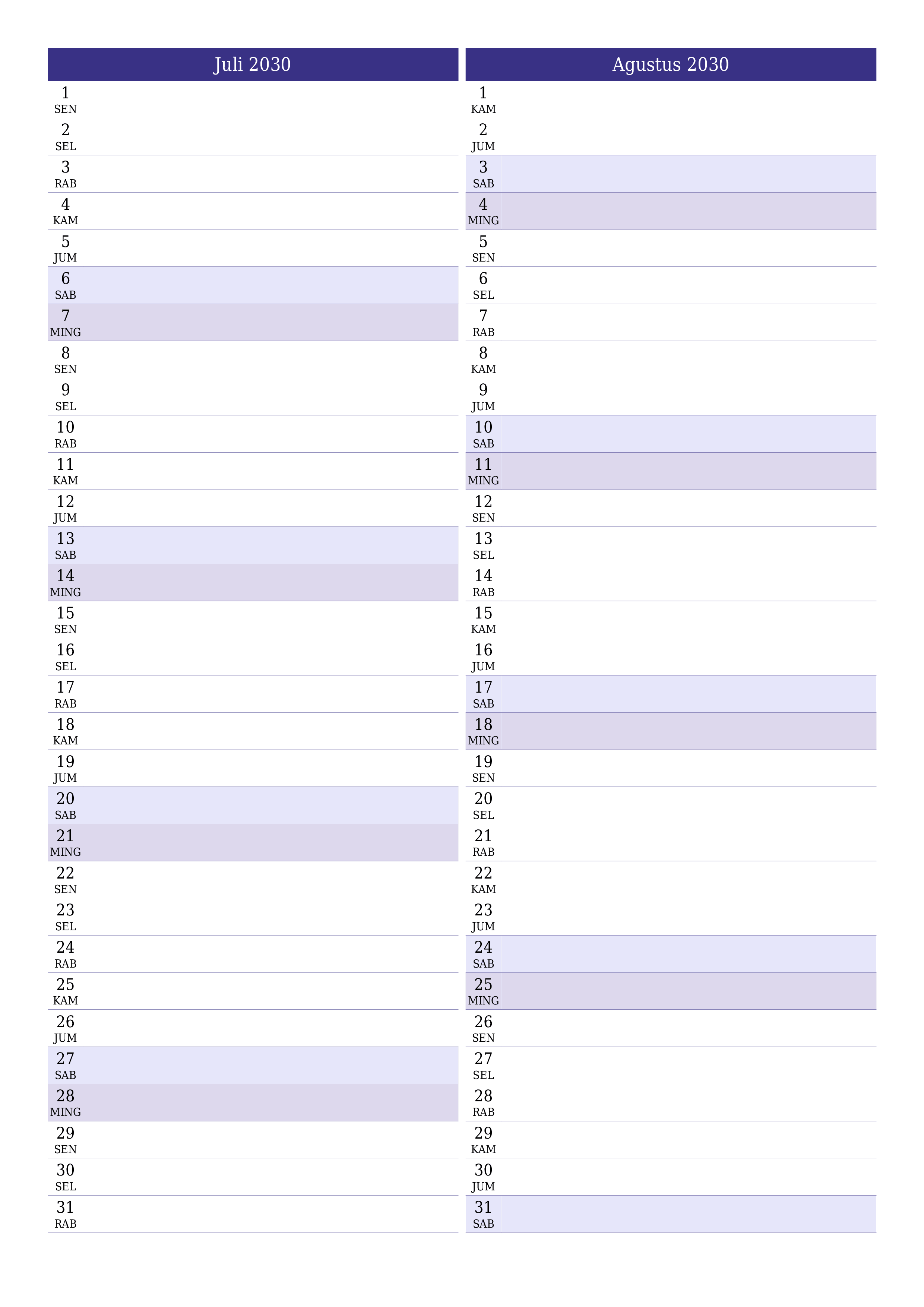  yang dapat dicetak dinding templat gratisvertikal Bulanan perencana kalender Juli (Jul) 2030