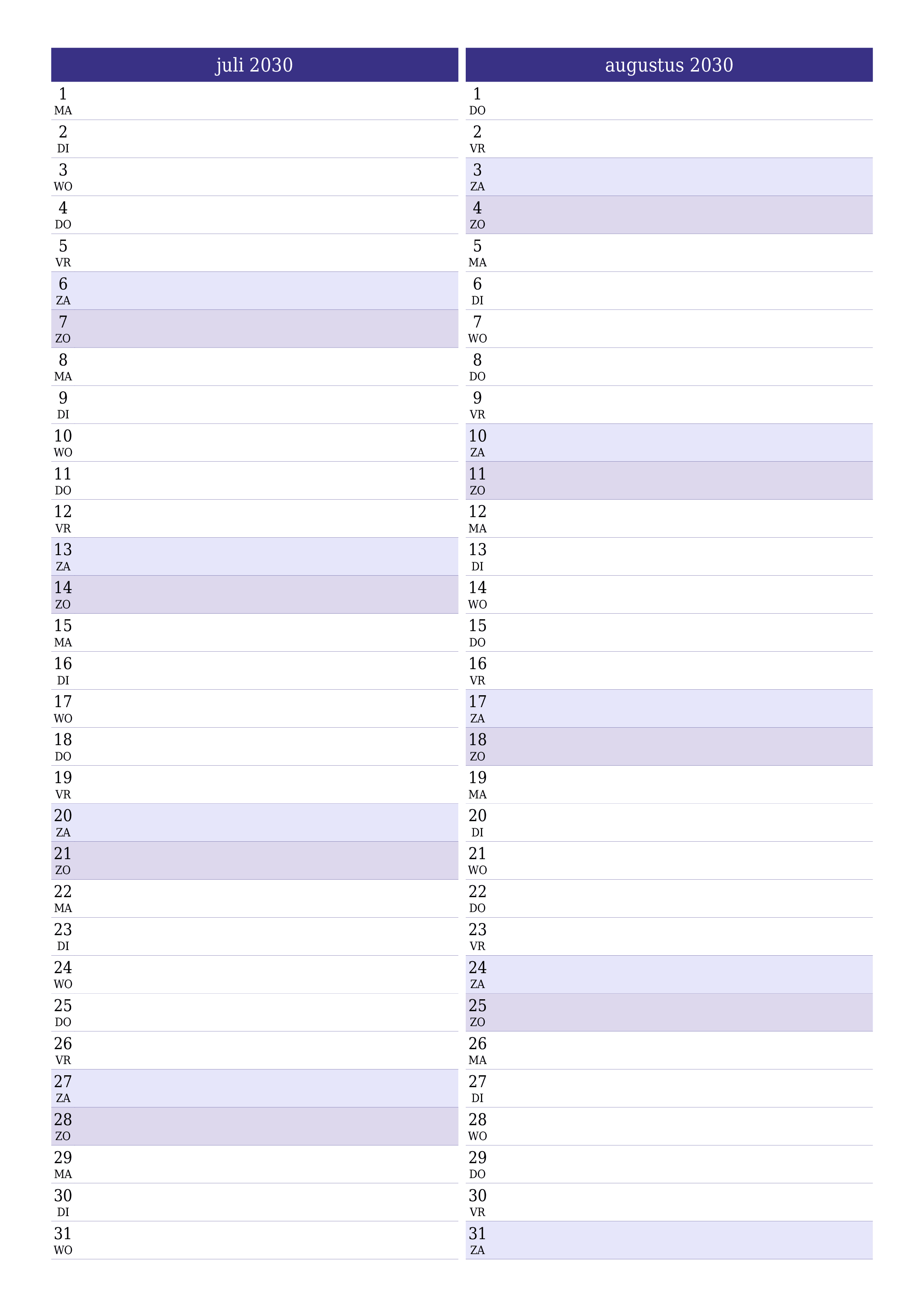 afdrukbare muur sjabloon gratis verticaal Maandelijks planner kalender juli (jul) 2030