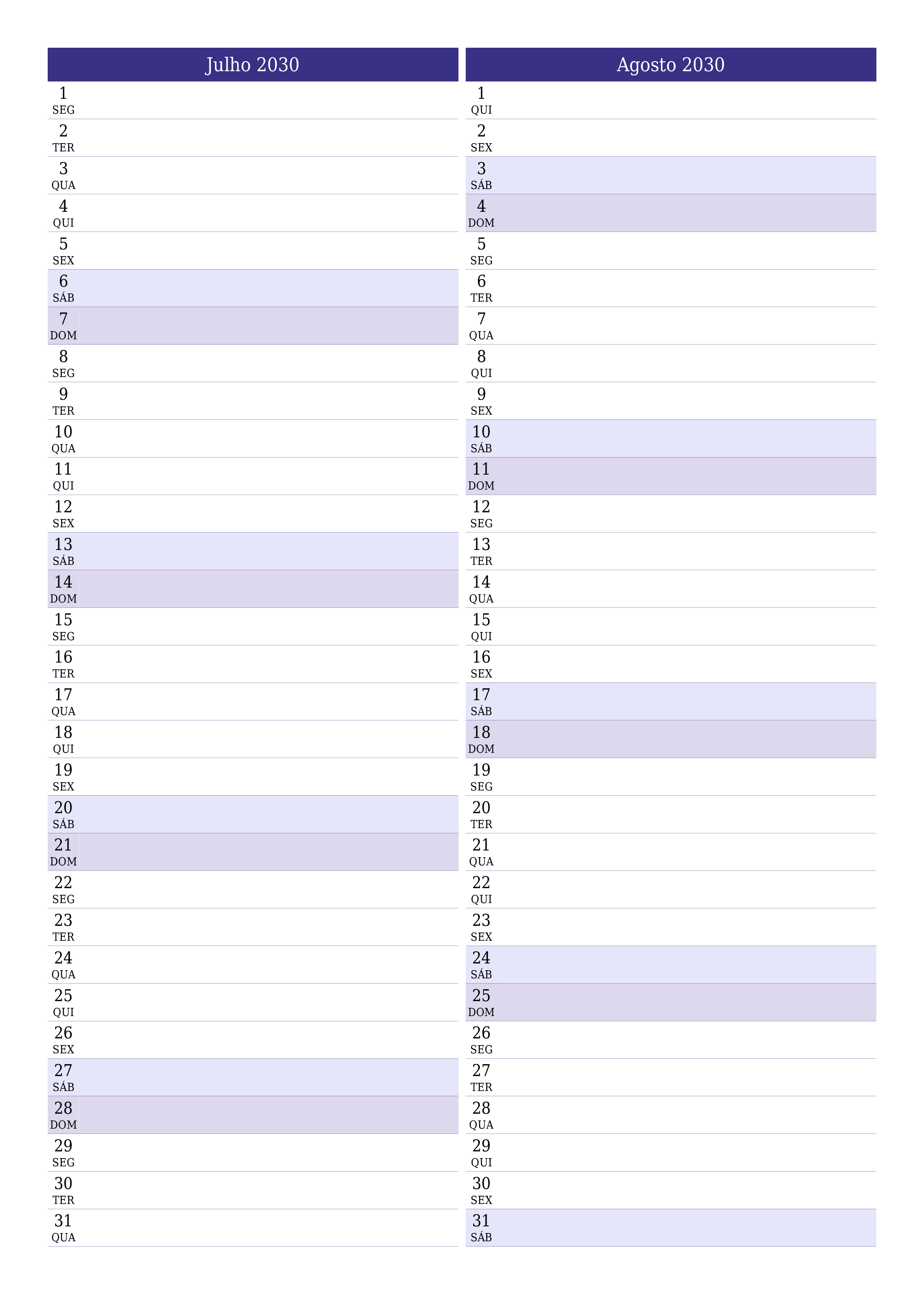  para impressão de parede modelo de grátisvertical Mensal planejador calendário Julho (Jul) 2030