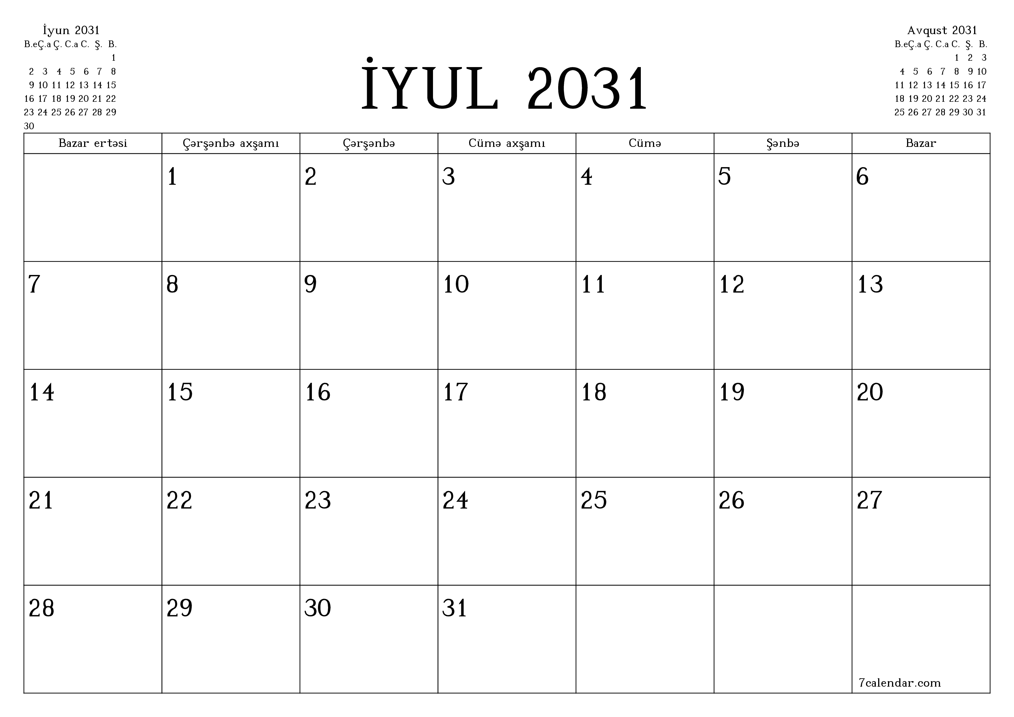 İyul 2031 ayı üçün qeydlər ilə boş aylıq planlayıcı, qeyd edin və PDF-ə yazdırın PNG Azerbaijani