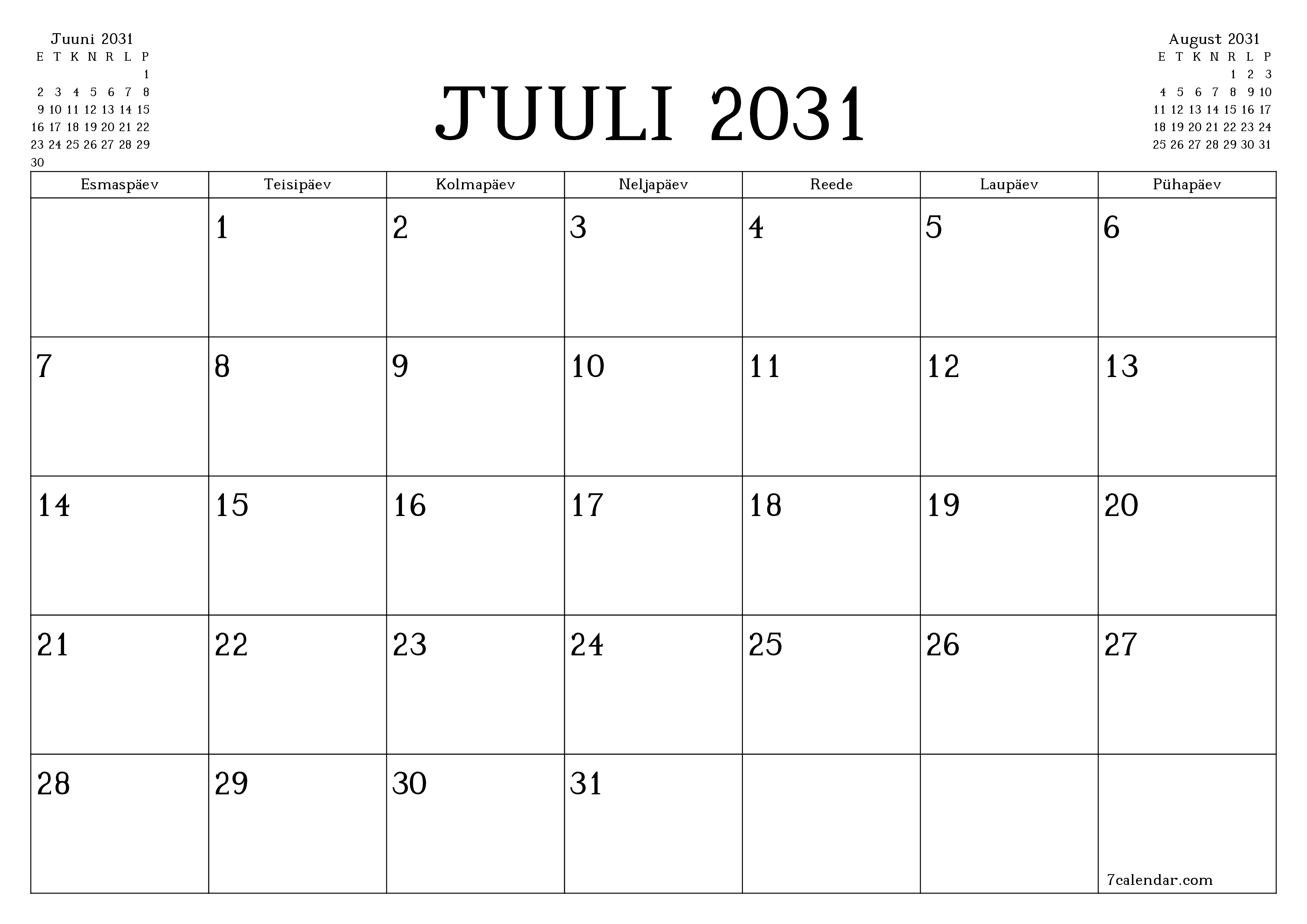 Tühjendage kuu Juuli 2031 kuuplaneerija märkmetega, salvestage ja printige PDF-i PNG Estonian