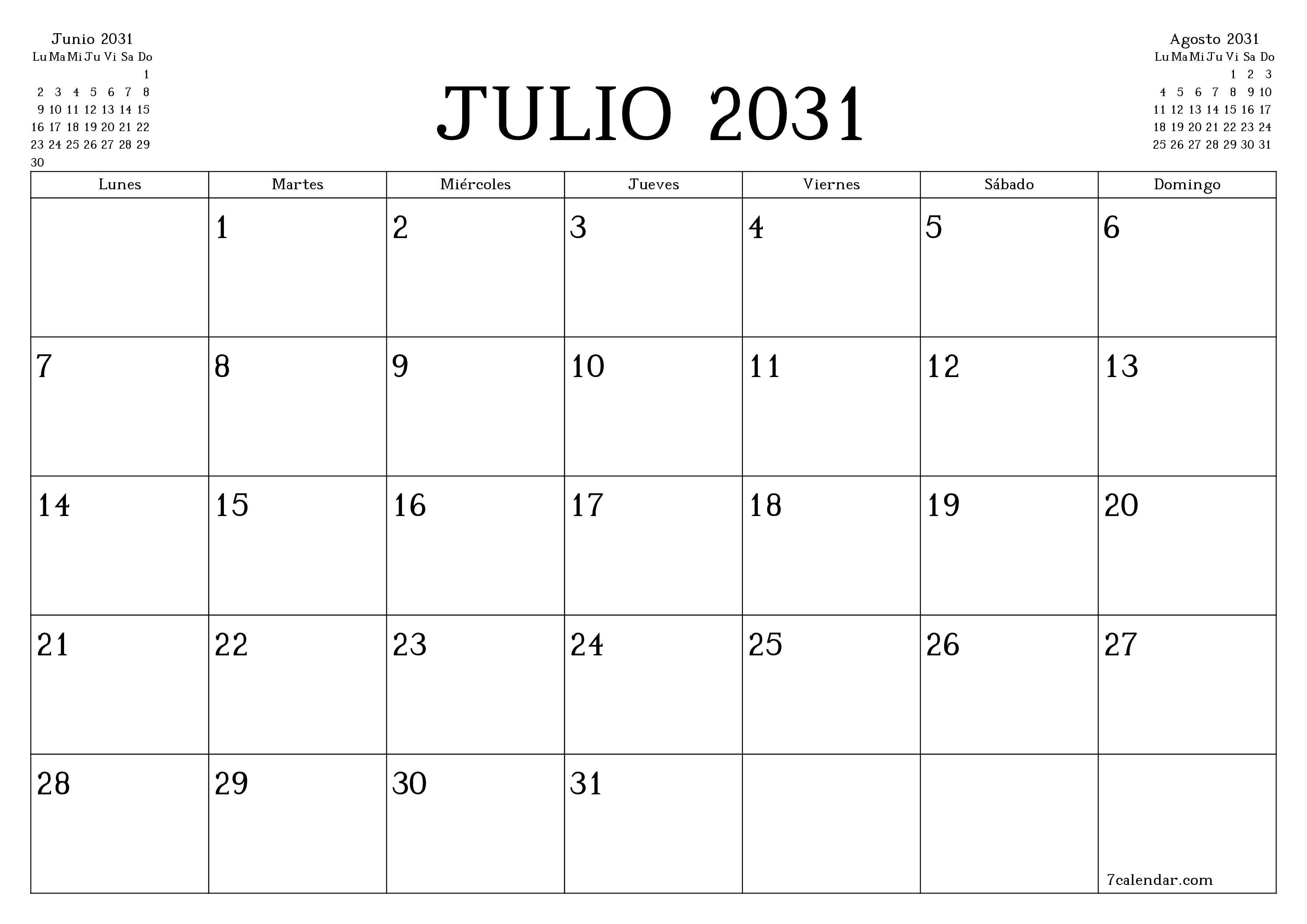 Planificador mensual vacío para el mes Julio 2031 con notas, guardar e imprimir en PDF PNG Spanish
