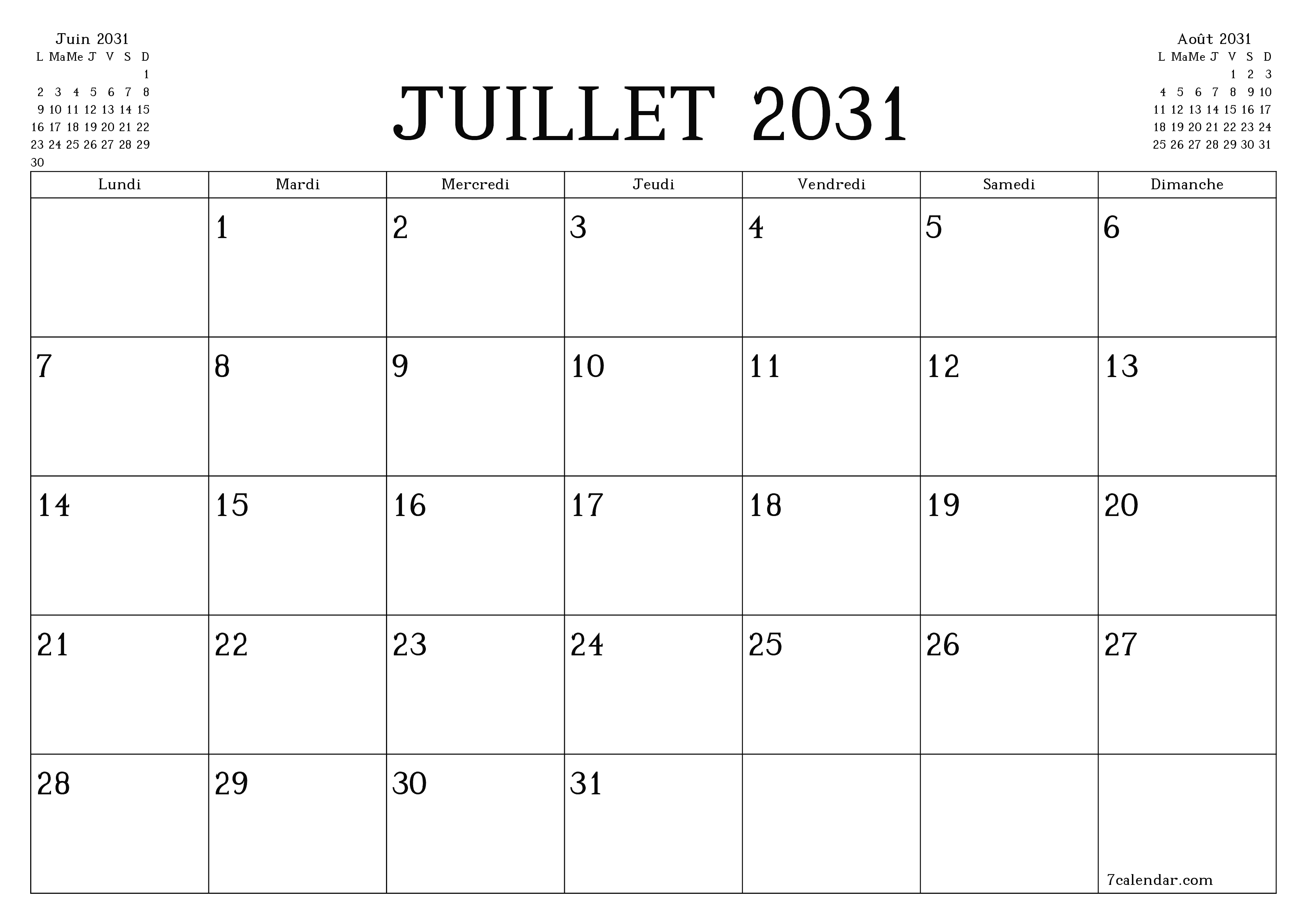 Agenda mensuel vide pour le mois Juillet 2031 avec notes, enregistrez et imprimez au format PDF PNG French