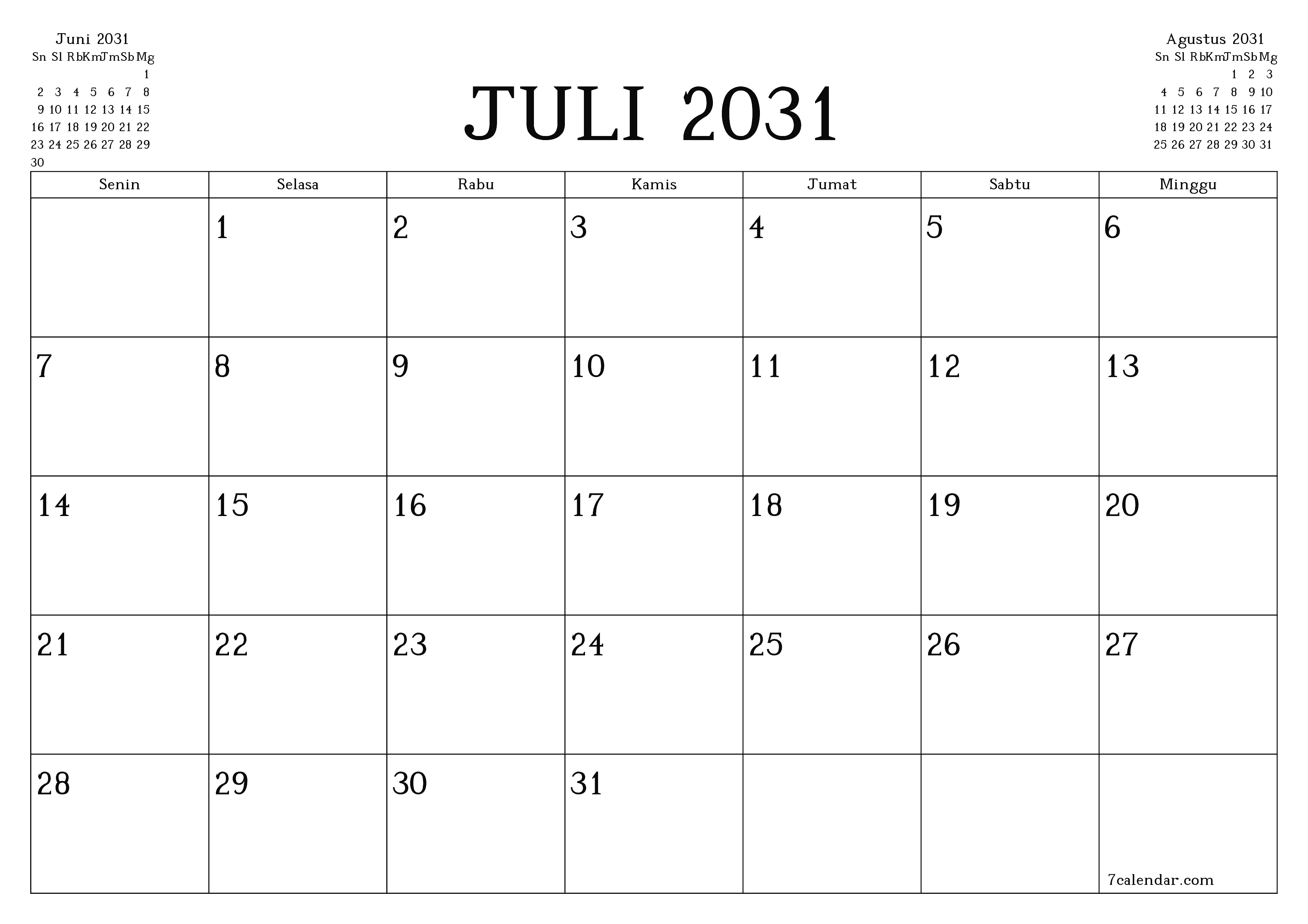 Kosongkan agenda bulanan untuk bulan Juli 2031 dengan catatan, simpan dan cetak ke PDF PNG Indonesian
