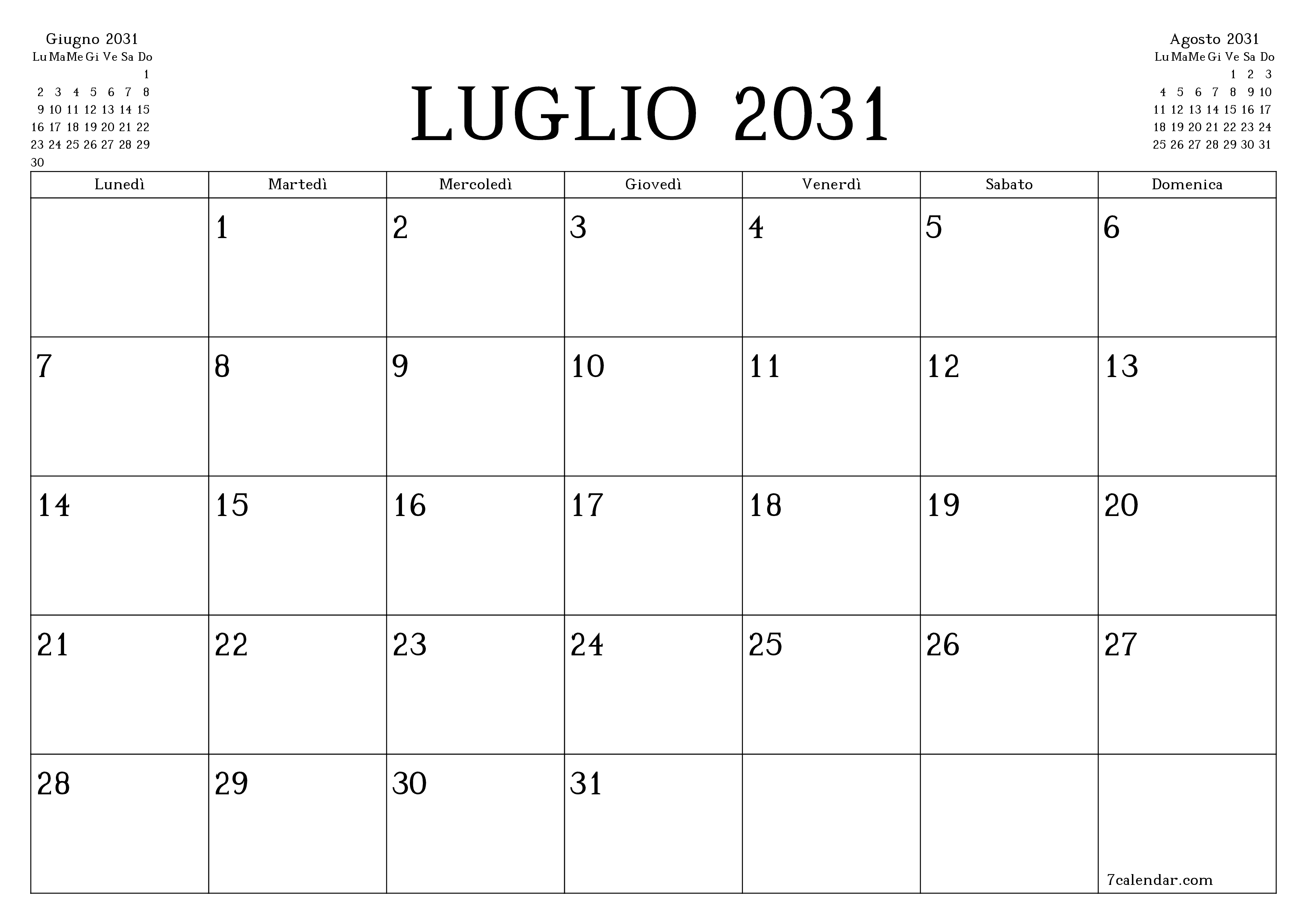 Pianificatore mensile vuoto per il mese Luglio 2031 con note, salva e stampa in PDF PNG Italian