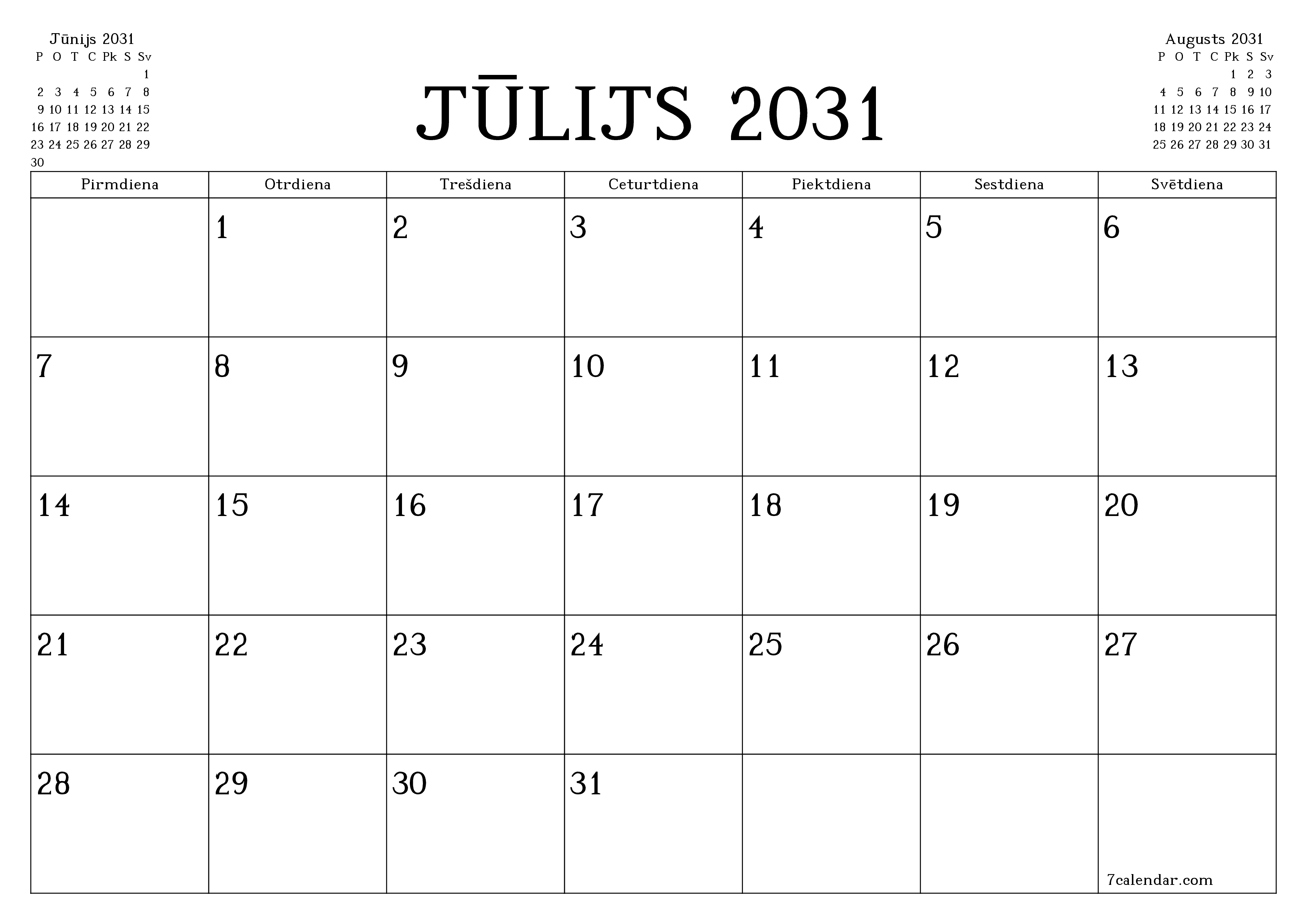 Iztukšot mēneša plānotāju mēnesim Jūlijs 2031 ar piezīmēm, saglabāt un izdrukāt PDF formātā PNG Latvian