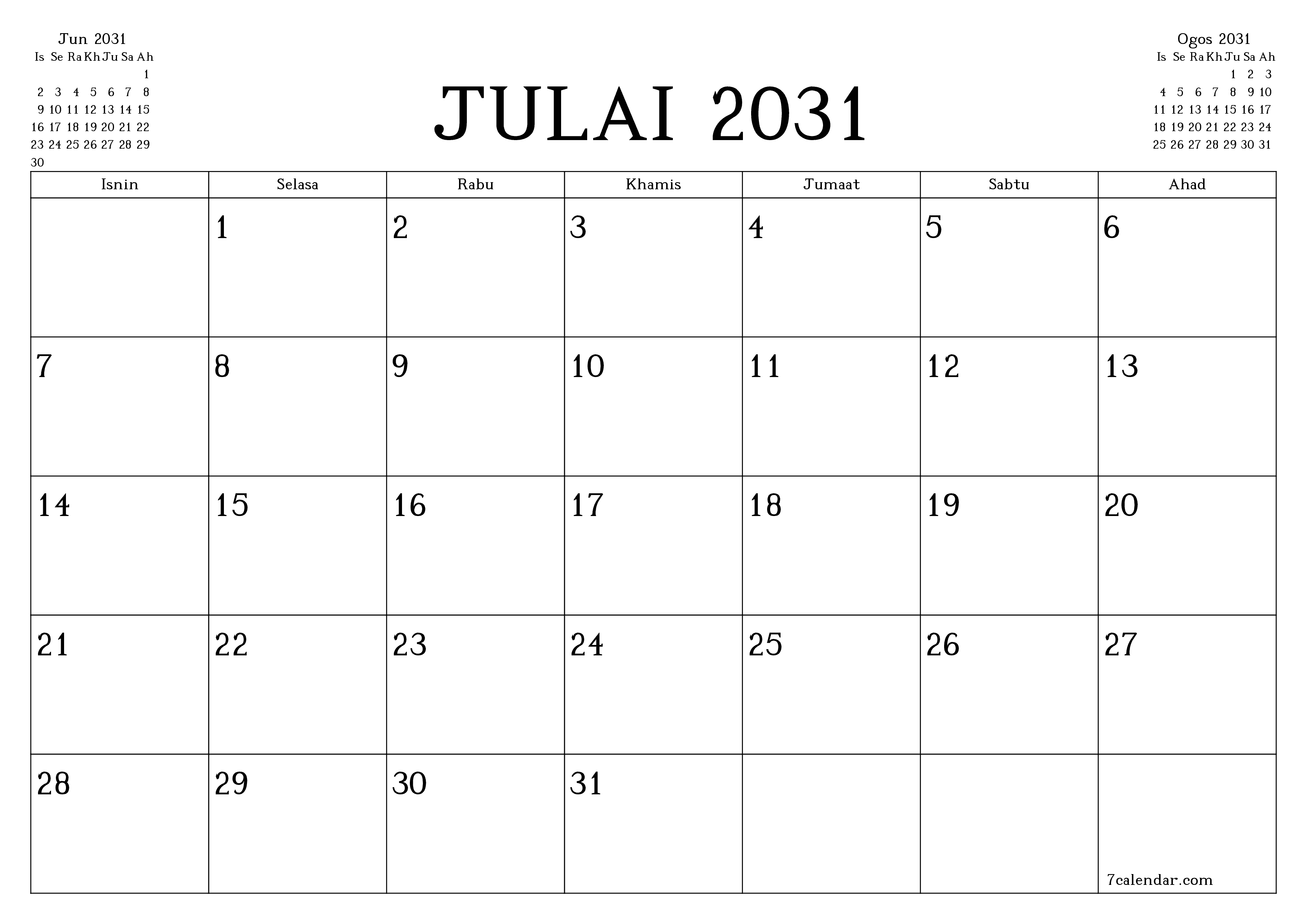 Perancang bulanan kosong untuk bulan Julai 2031 dengan nota, simpan dan cetak ke PDF PNG Malay