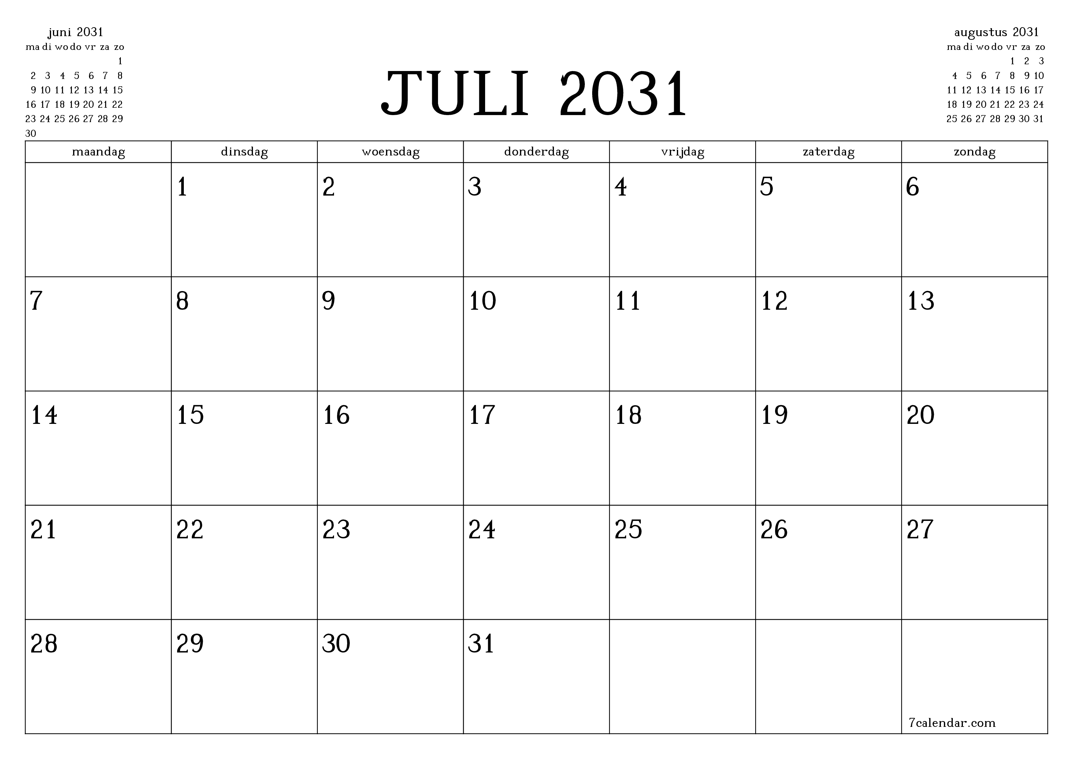 Lege maandplanner voor maand juli 2031 met notities, opslaan en afdrukken naar pdf PNG Dutch
