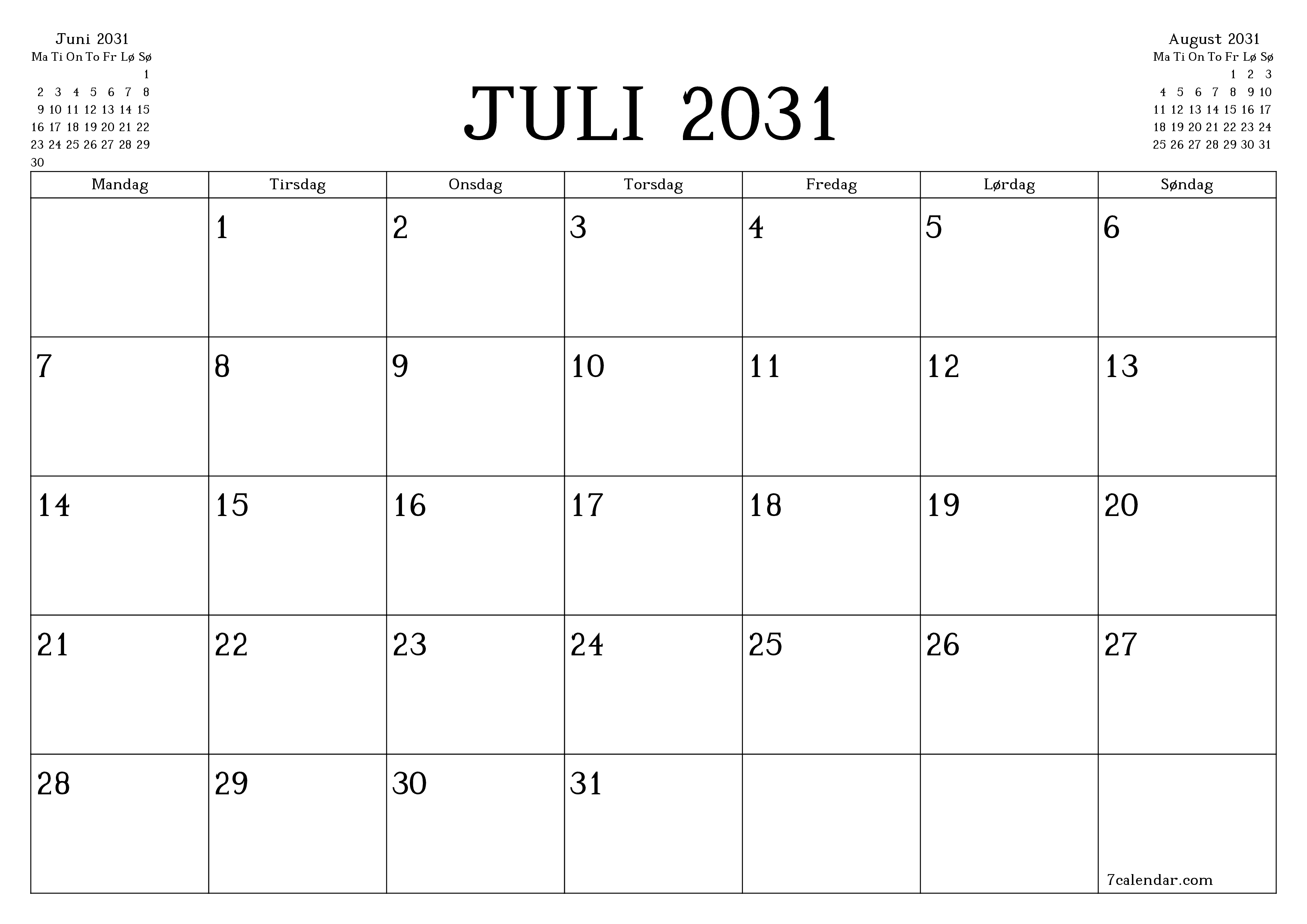 Tom månedlig planlegger for måned Juli 2031 med notater, lagre og skriv ut til PDF PNG Norwegian