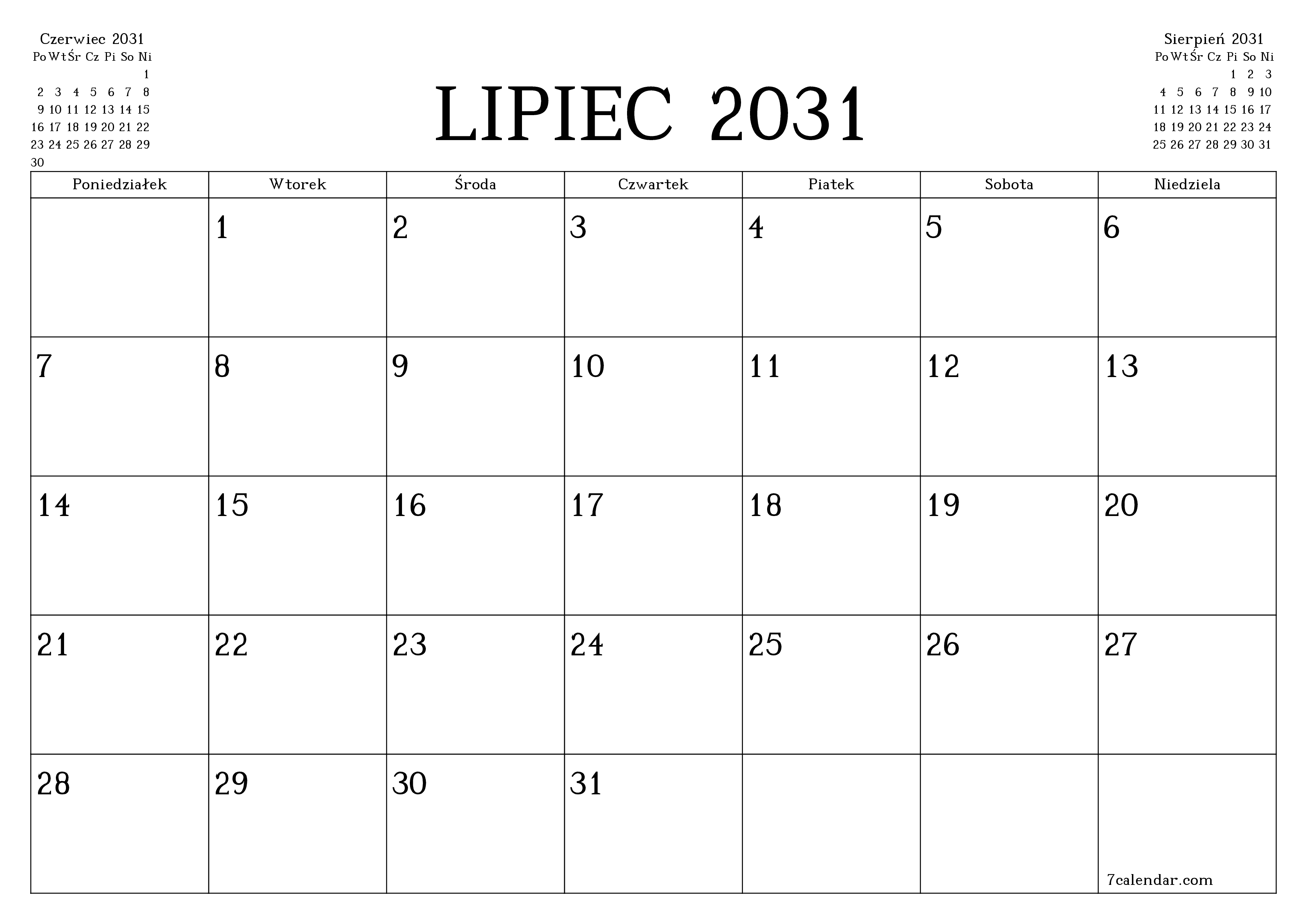 Opróżnij miesięczny planer na miesiąc Lipiec 2031 z notatkami, zapisz i wydrukuj w formacie PDF PNG Polish