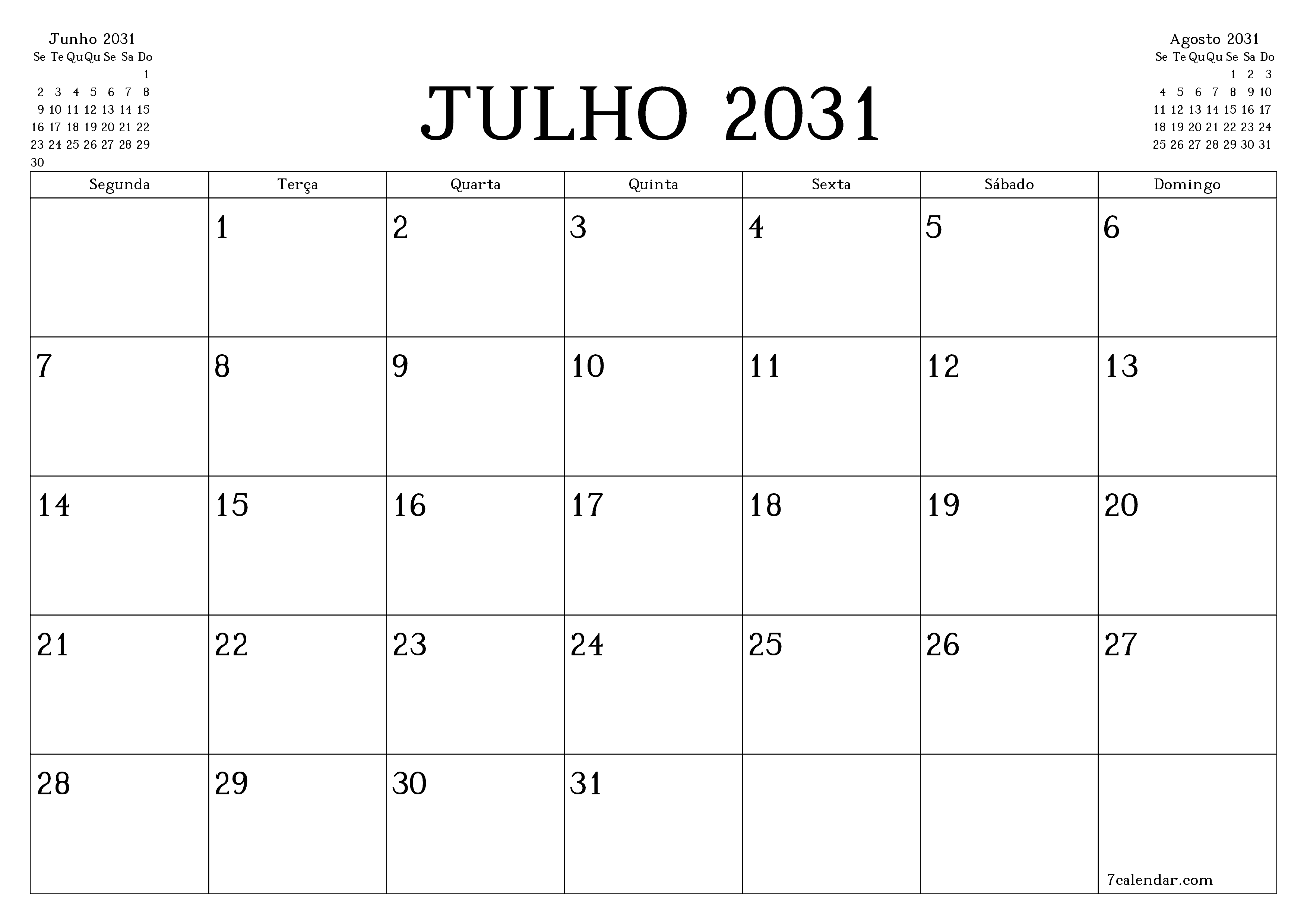 Esvazie o planejador mensal para o mês Julho 2031 com notas, salve e imprima em PDF PNG Portuguese