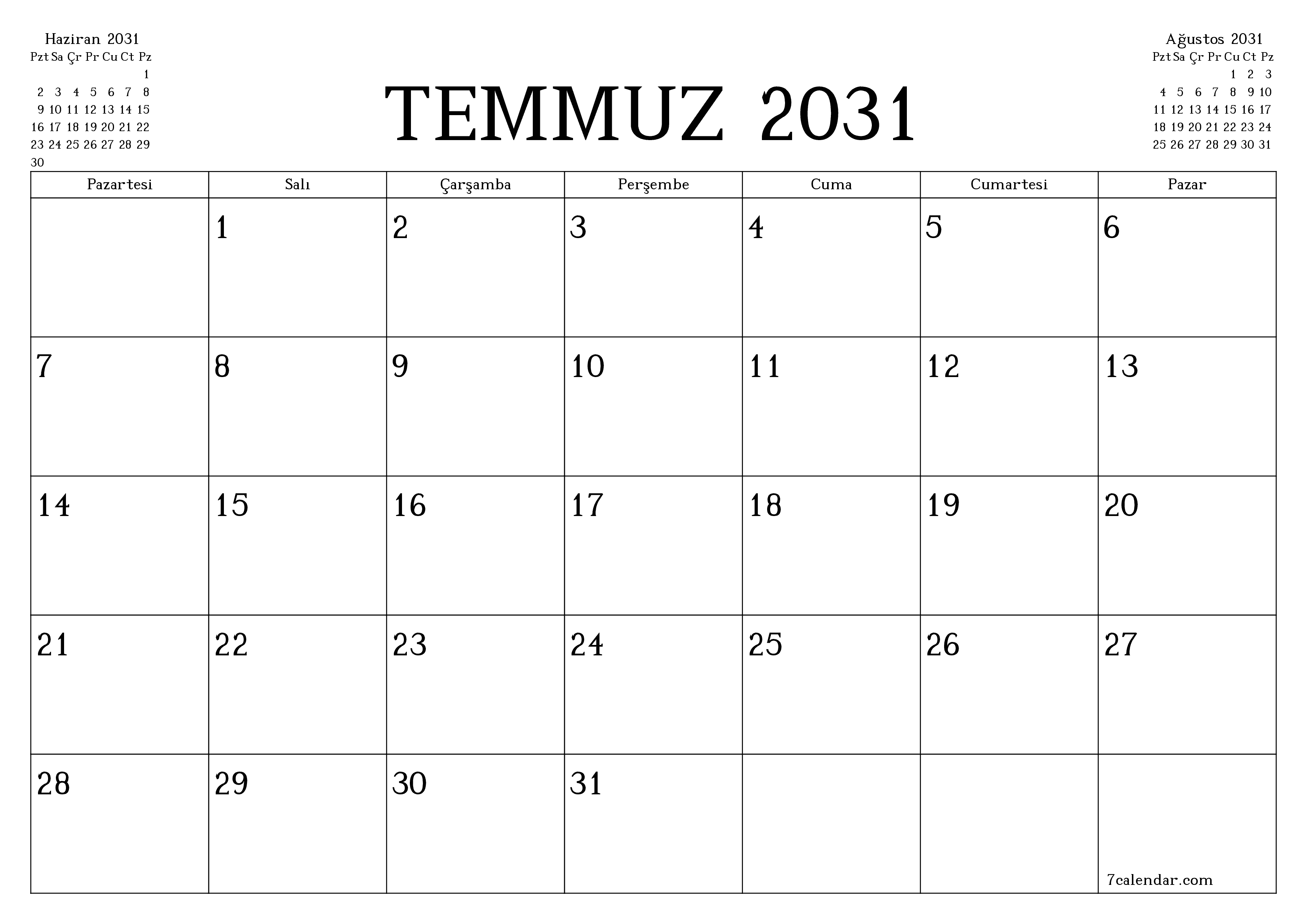 Temmuz 2031 ayı için notlarla birlikte boş aylık planlayıcı, kaydedin ve PDF'ye yazdırın PNG Turkish