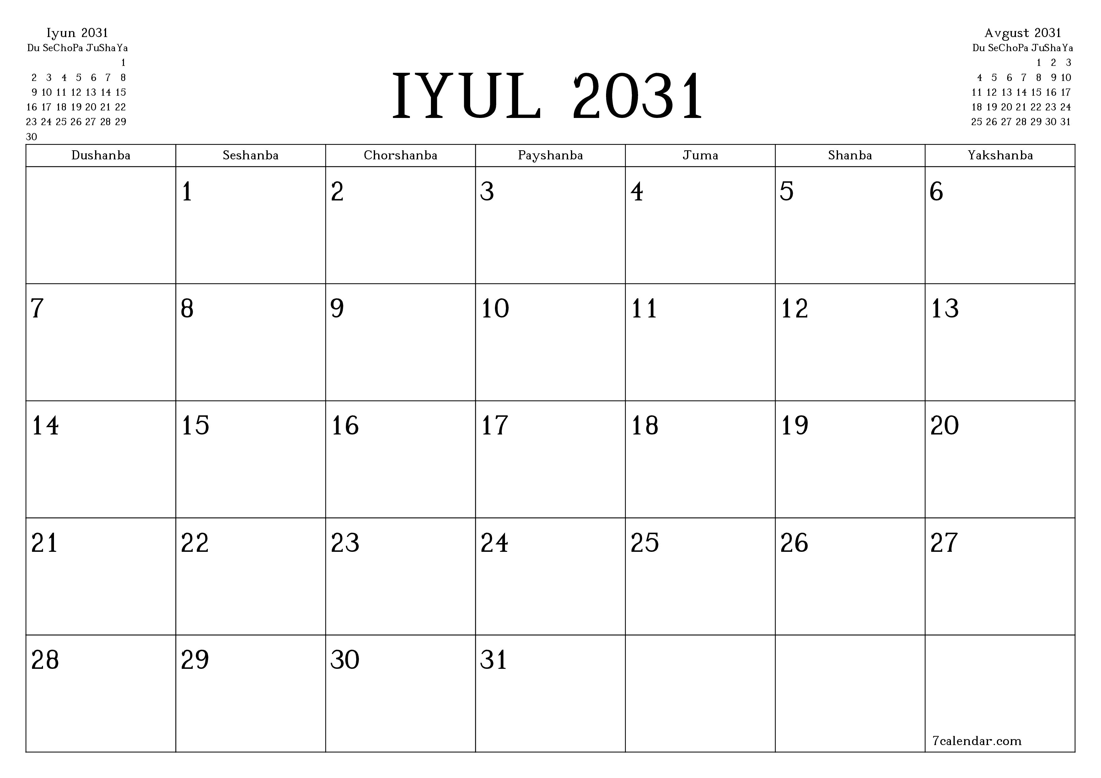 Iyul 2031 oylik oylik rejalashtiruvchini yozuvlar bilan bo'shatish, saqlash va PDF-ga chop etish PNG Uzbek