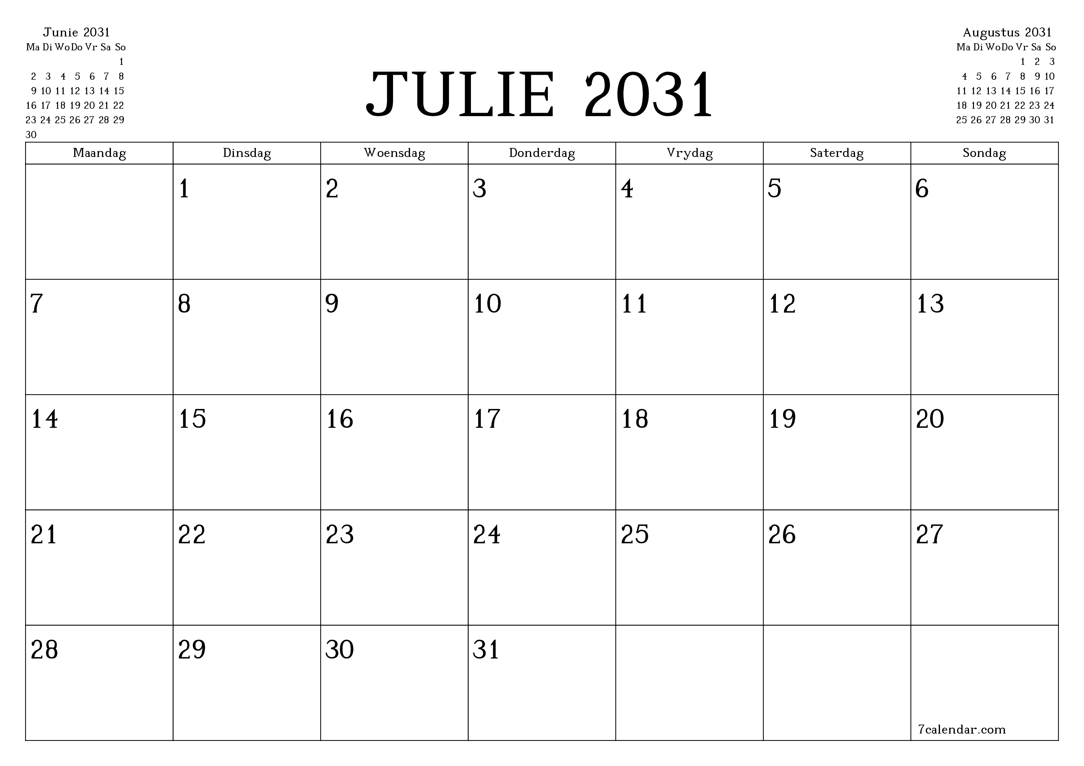 Leë maandelikse drukbare kalender en beplanner vir maand Julie 2031 met notas stoor en druk na PDF PNG Afrikaans