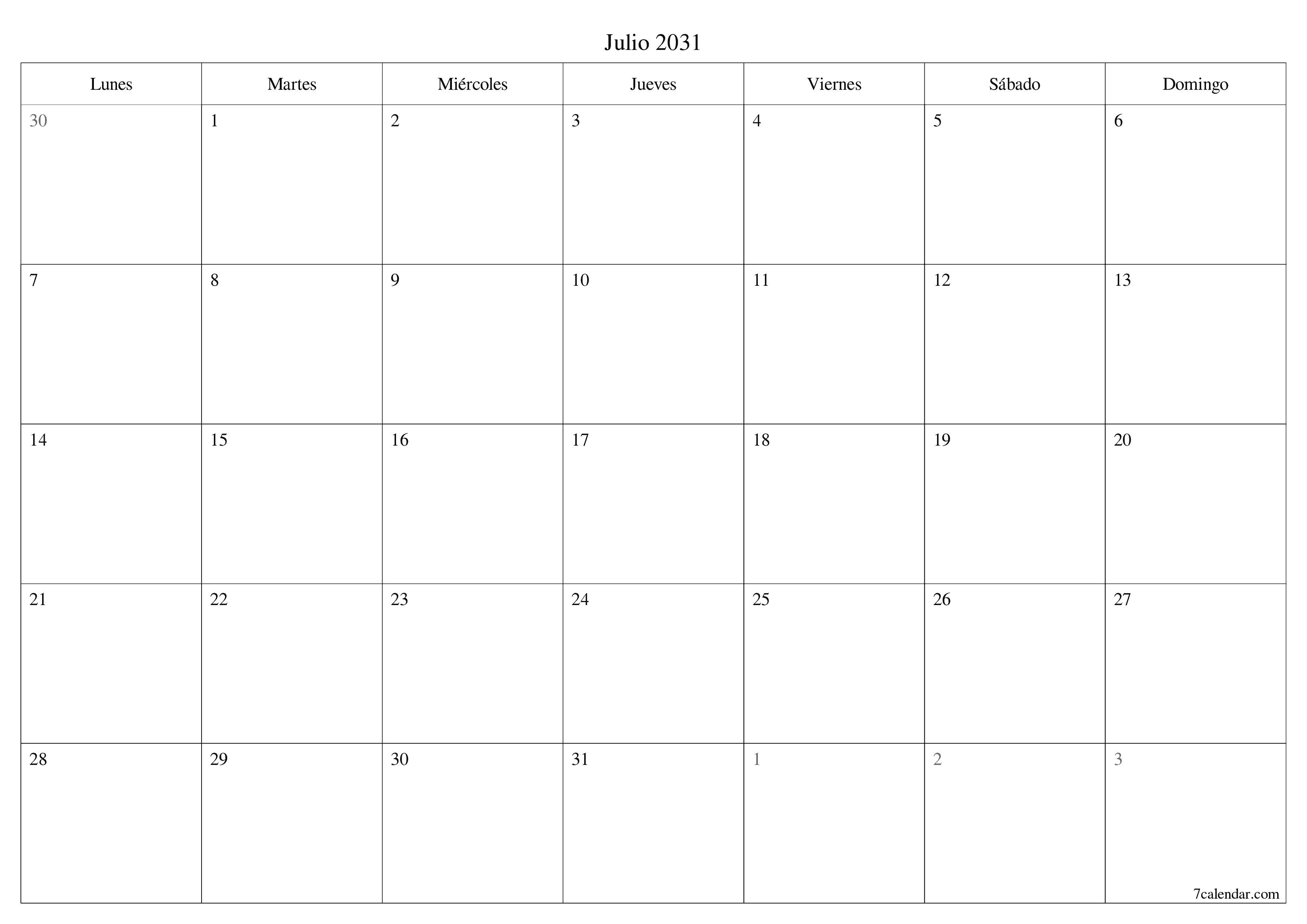 Planificador mensual vacío para el mes Julio 2031 con notas, guardar e imprimir en PDF PNG Spanish