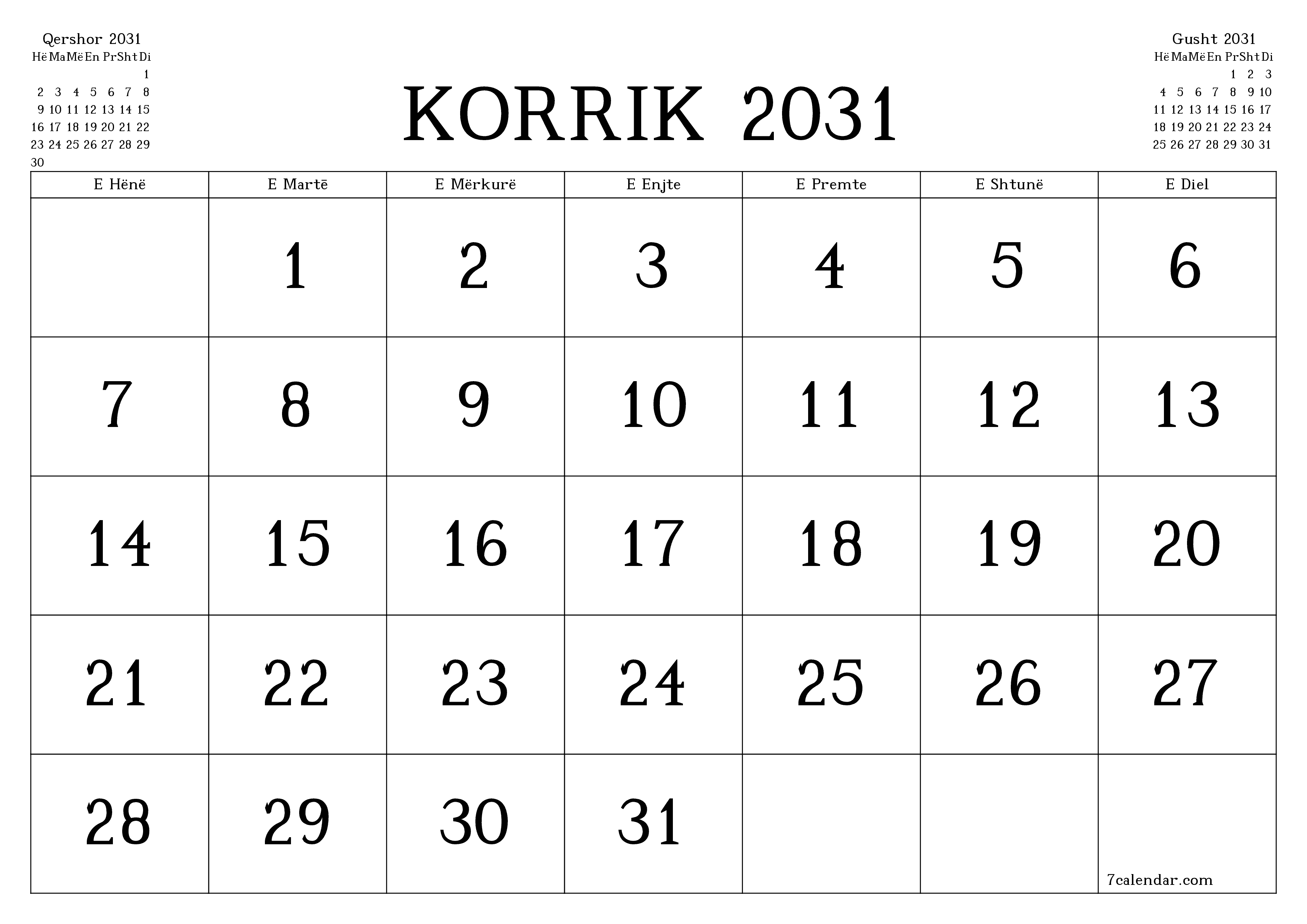 Planifikuesi i zbrazët i kalendarit mujor për muajin Korrik 2031 me shënime të ruajtura dhe të printuara në PDF PNG Albanian