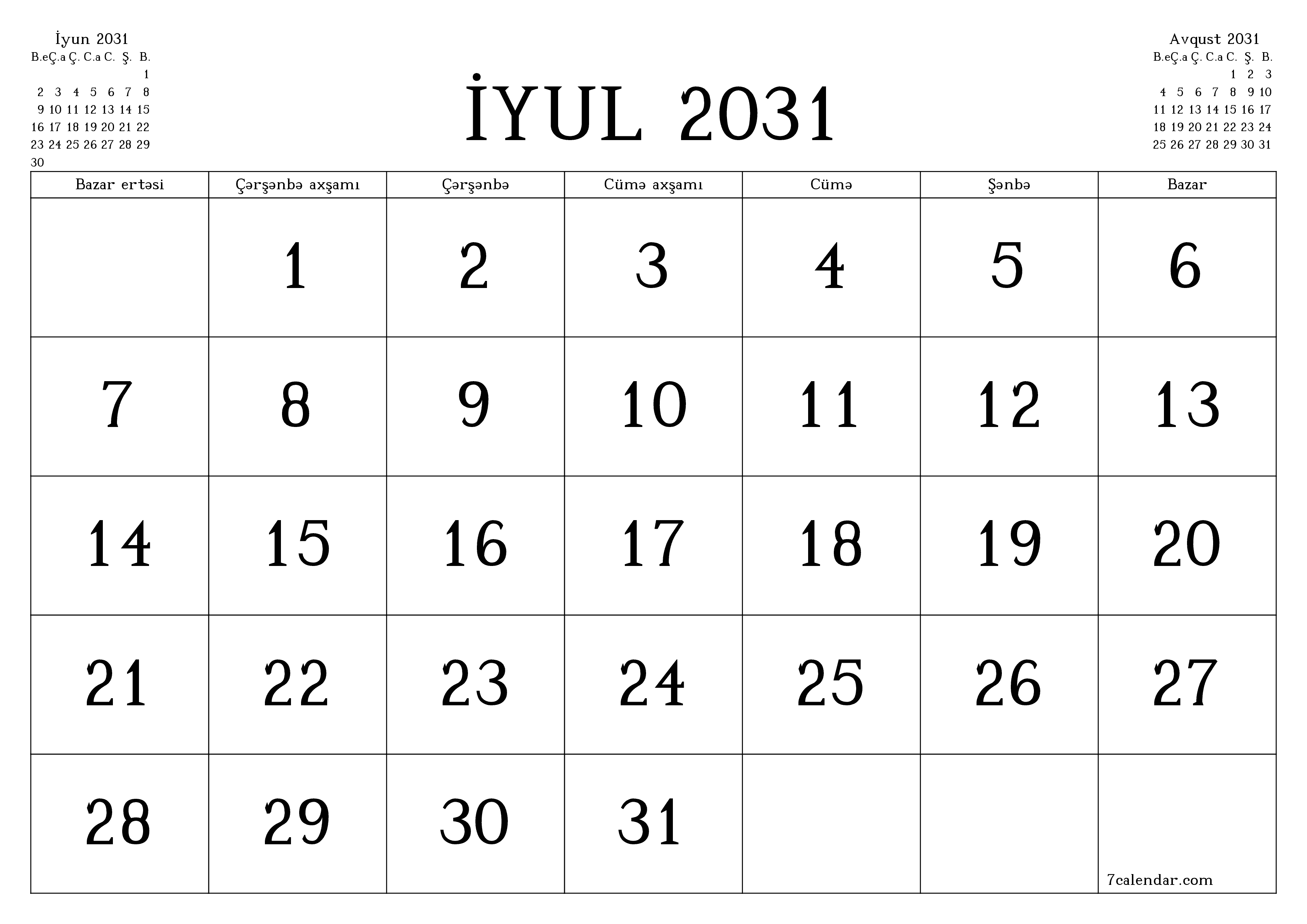 İyul 2031 ayı üçün qeydlər ilə boş aylıq planlayıcı, qeyd edin və PDF-ə yazdırın PNG Azerbaijani