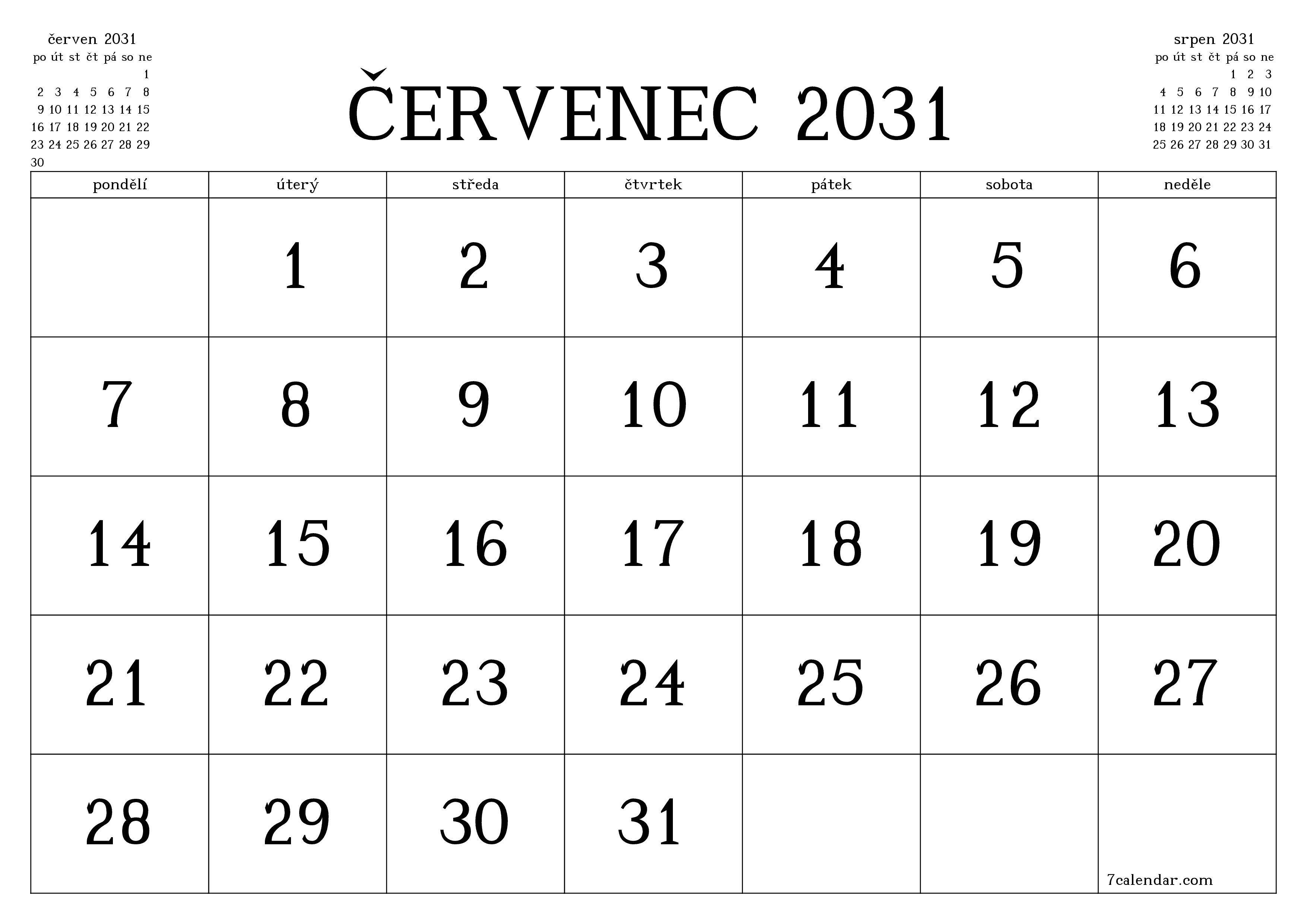 Vyprázdnit měsíční plánovač na měsíc červenec 2031 s poznámkami, uložit a vytisknout do PDF PNG Czech