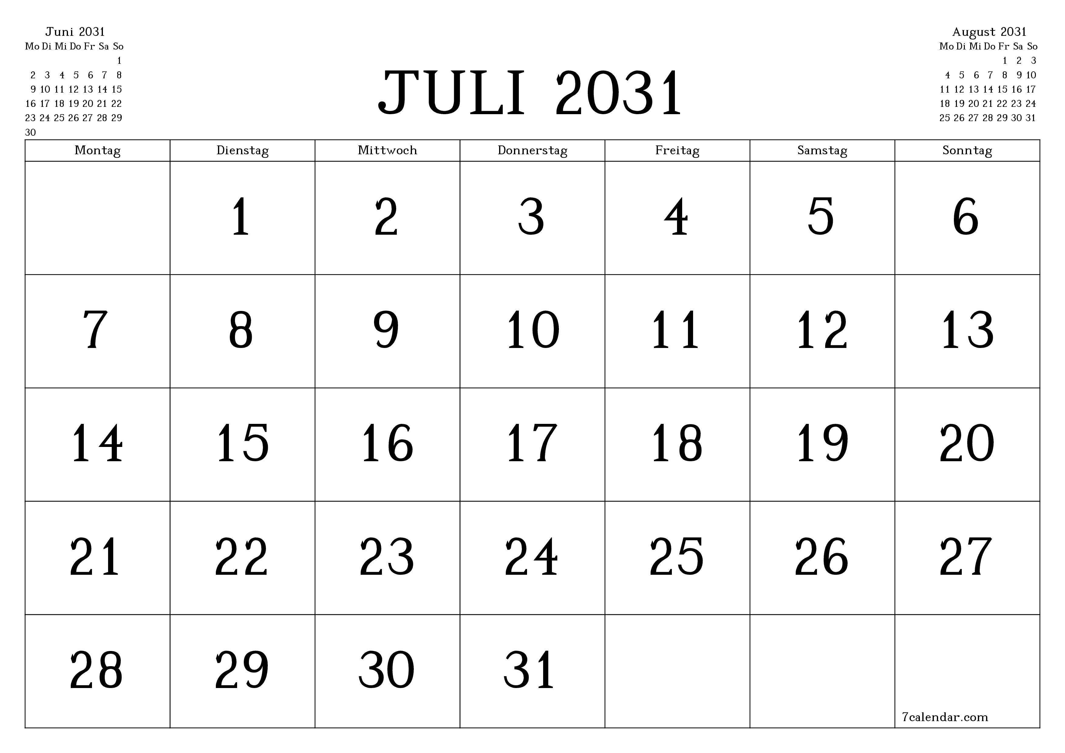 Monatsplaner für Monat Juli 2031 mit Notizen leeren, speichern und als PDF PNG German - 7calendar.com drucken