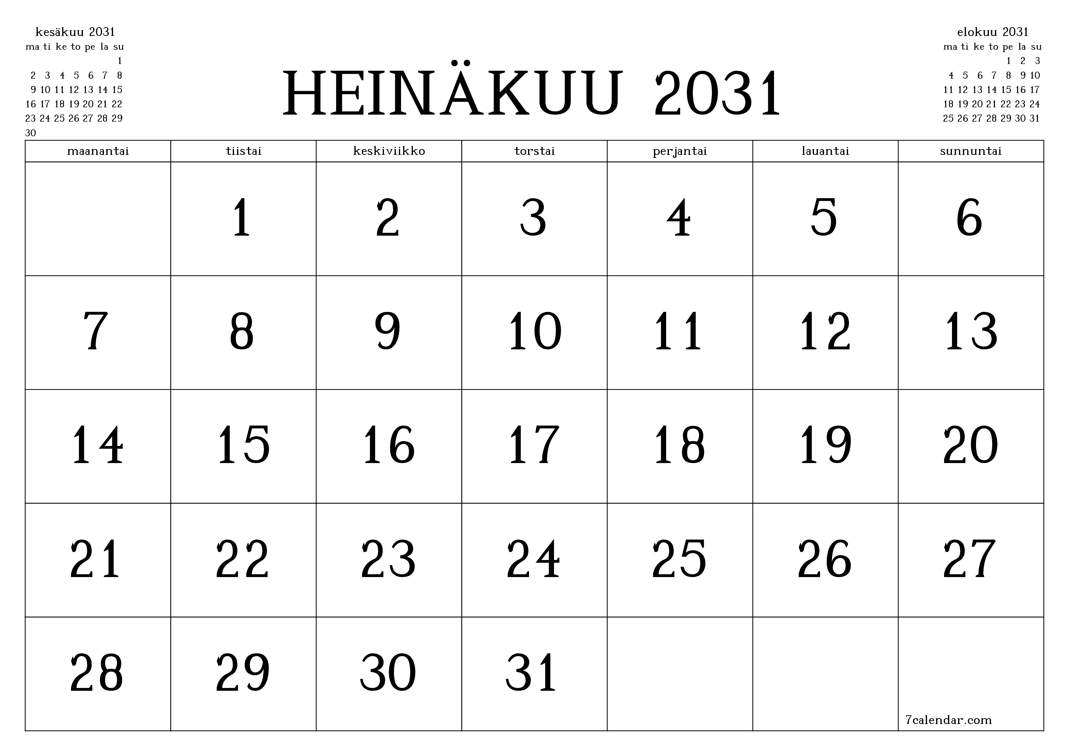 Tyhjennä kuukausittainen suunnittelija kuukaudelle Heinäkuu 2031 muistiinpanoilla, tallenna ja tulosta PDF-muotoon PNG Finnish