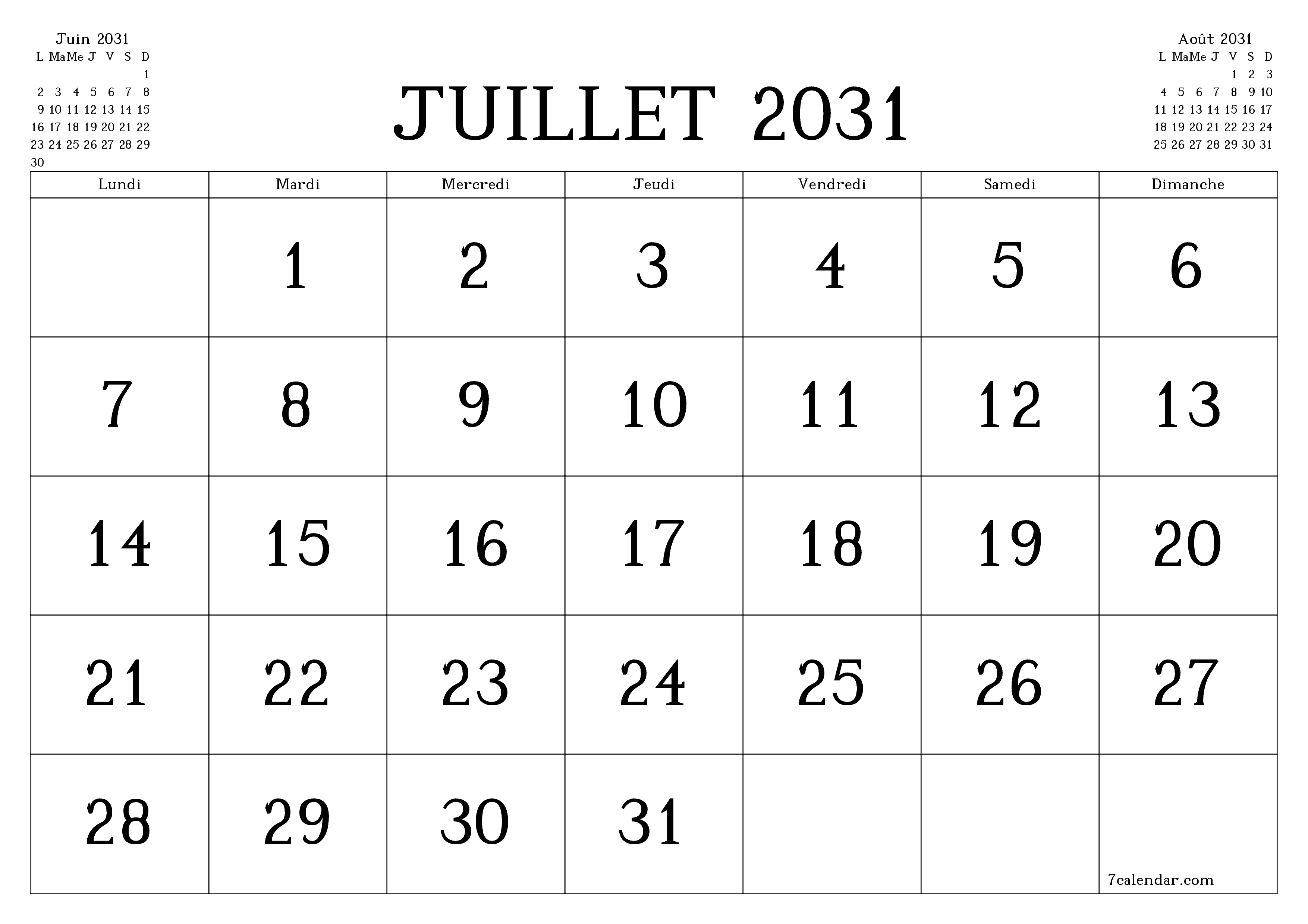 Agenda mensuel vide pour le mois Juillet 2031 avec notes, enregistrez et imprimez au format PDF PNG French