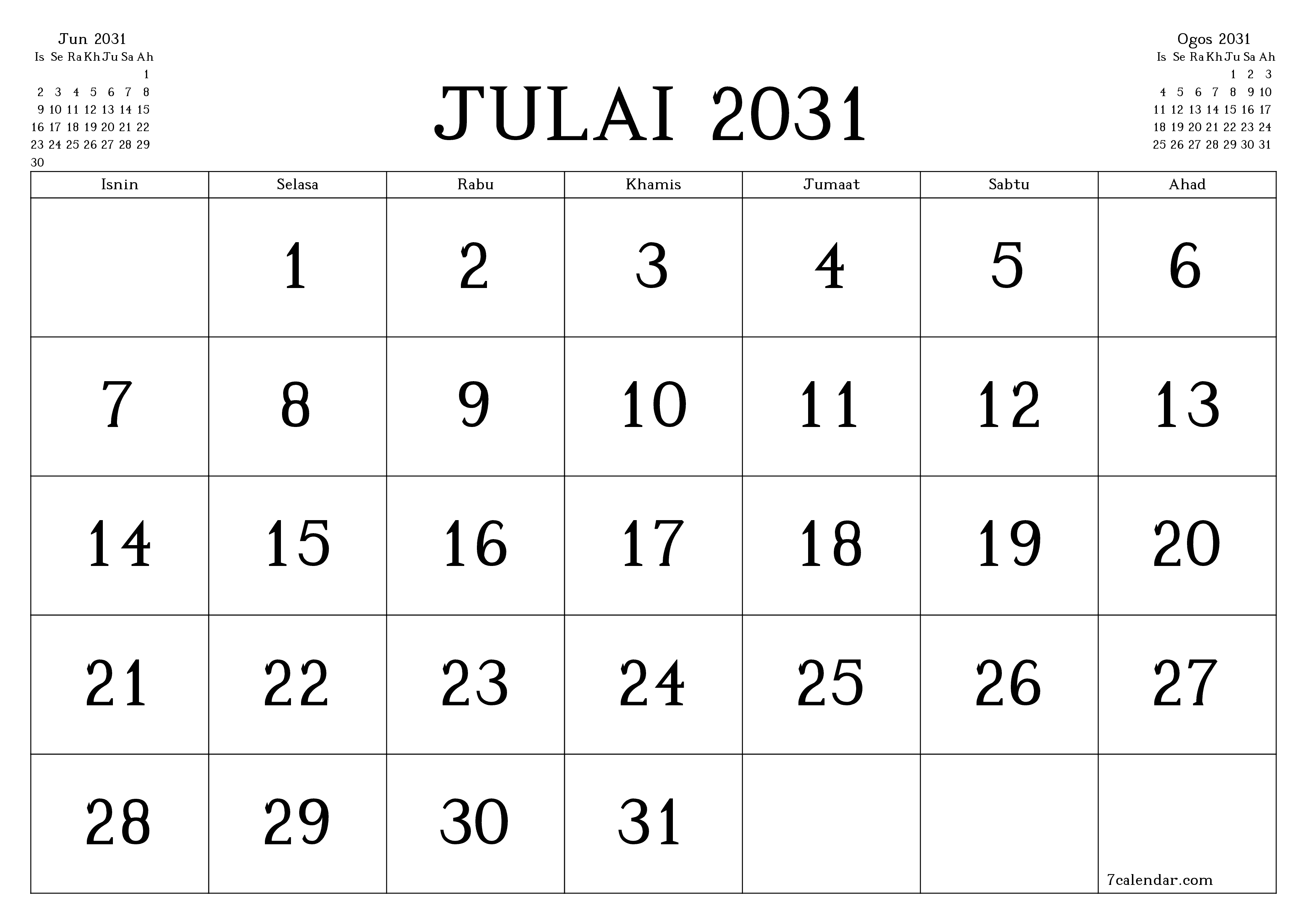 Perancang bulanan kosong untuk bulan Julai 2031 dengan nota, simpan dan cetak ke PDF PNG Malay
