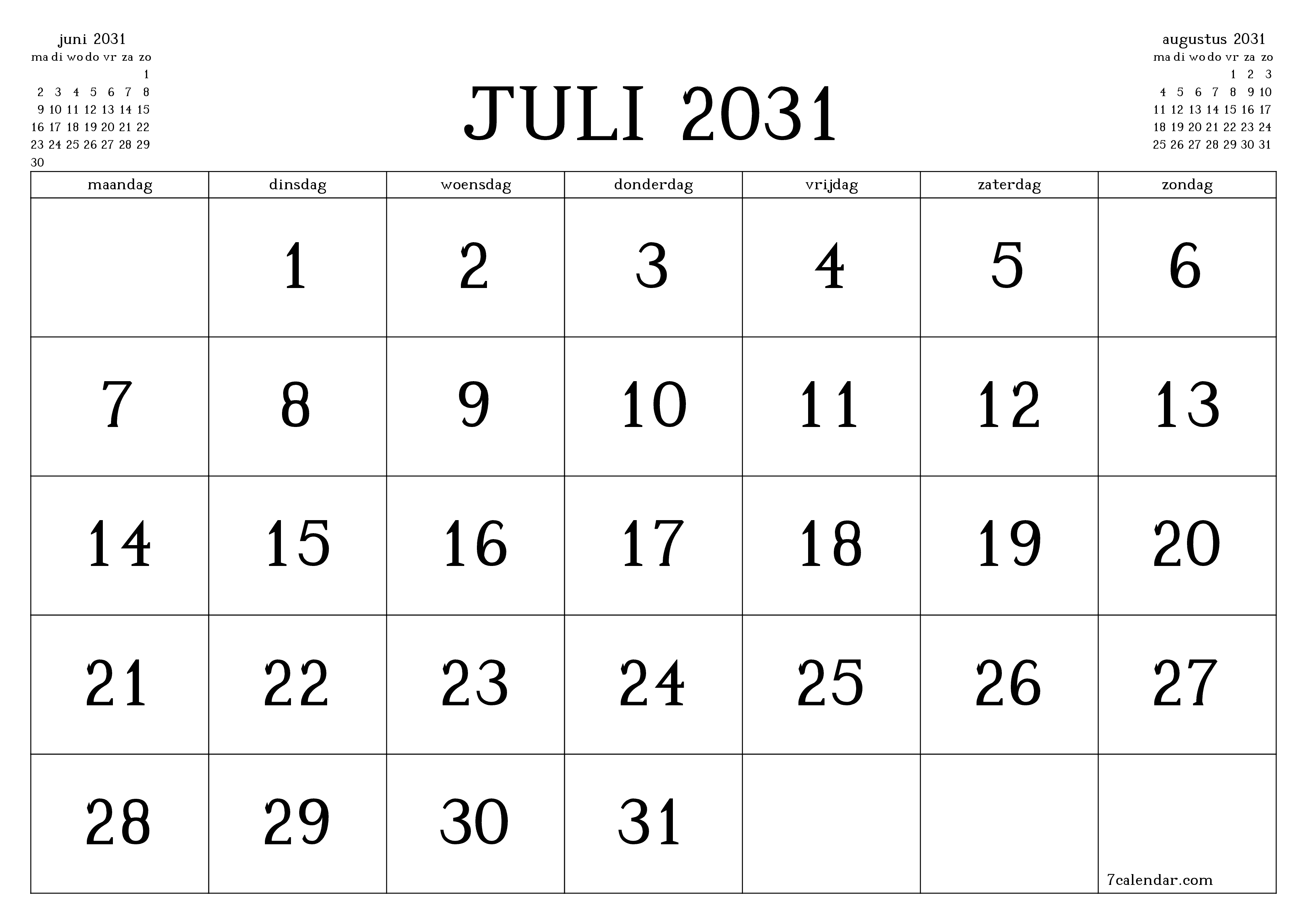 Lege maandplanner voor maand juli 2031 met notities, opslaan en afdrukken naar pdf PNG Dutch