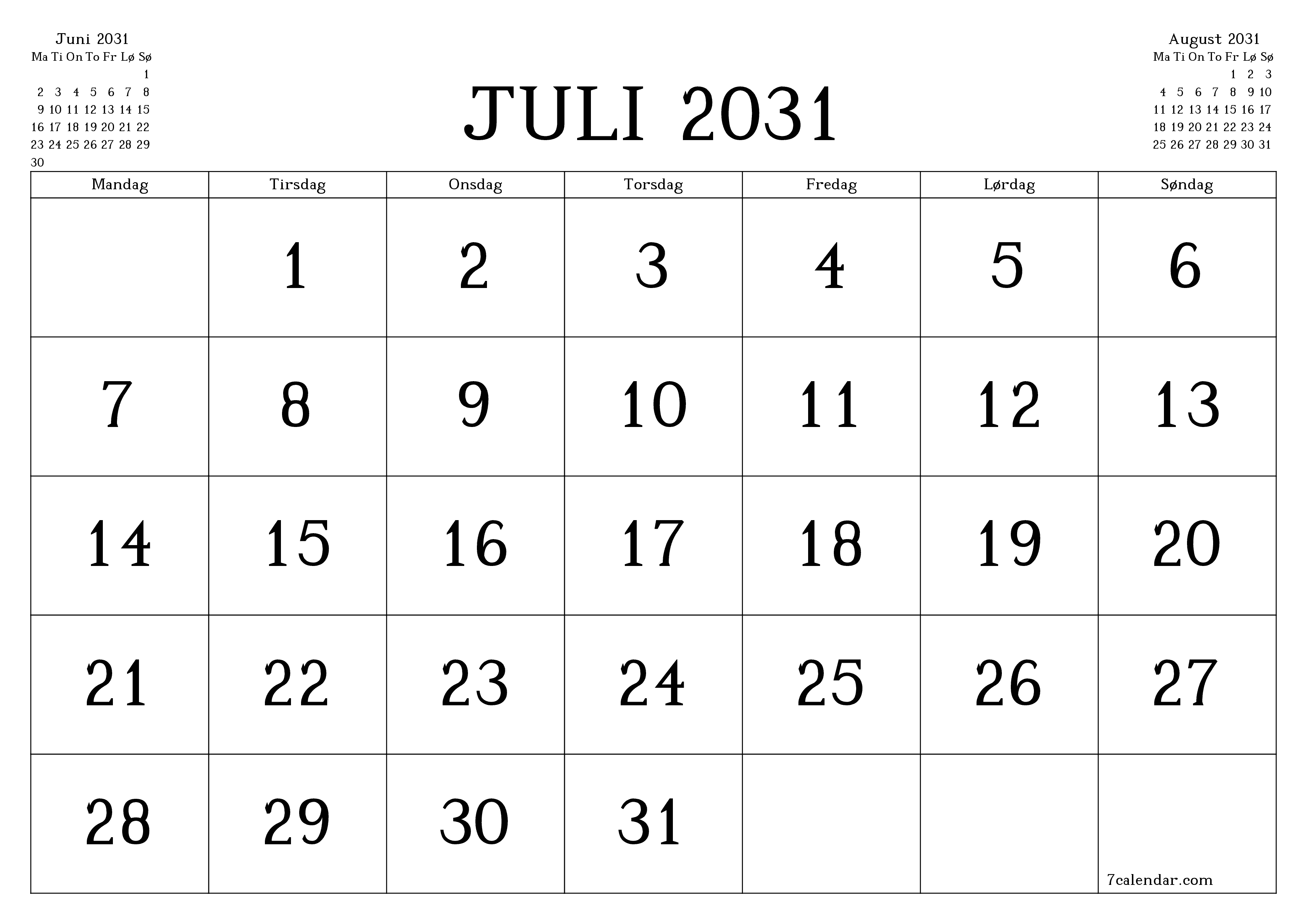 Tom månedlig planlegger for måned Juli 2031 med notater, lagre og skriv ut til PDF PNG Norwegian