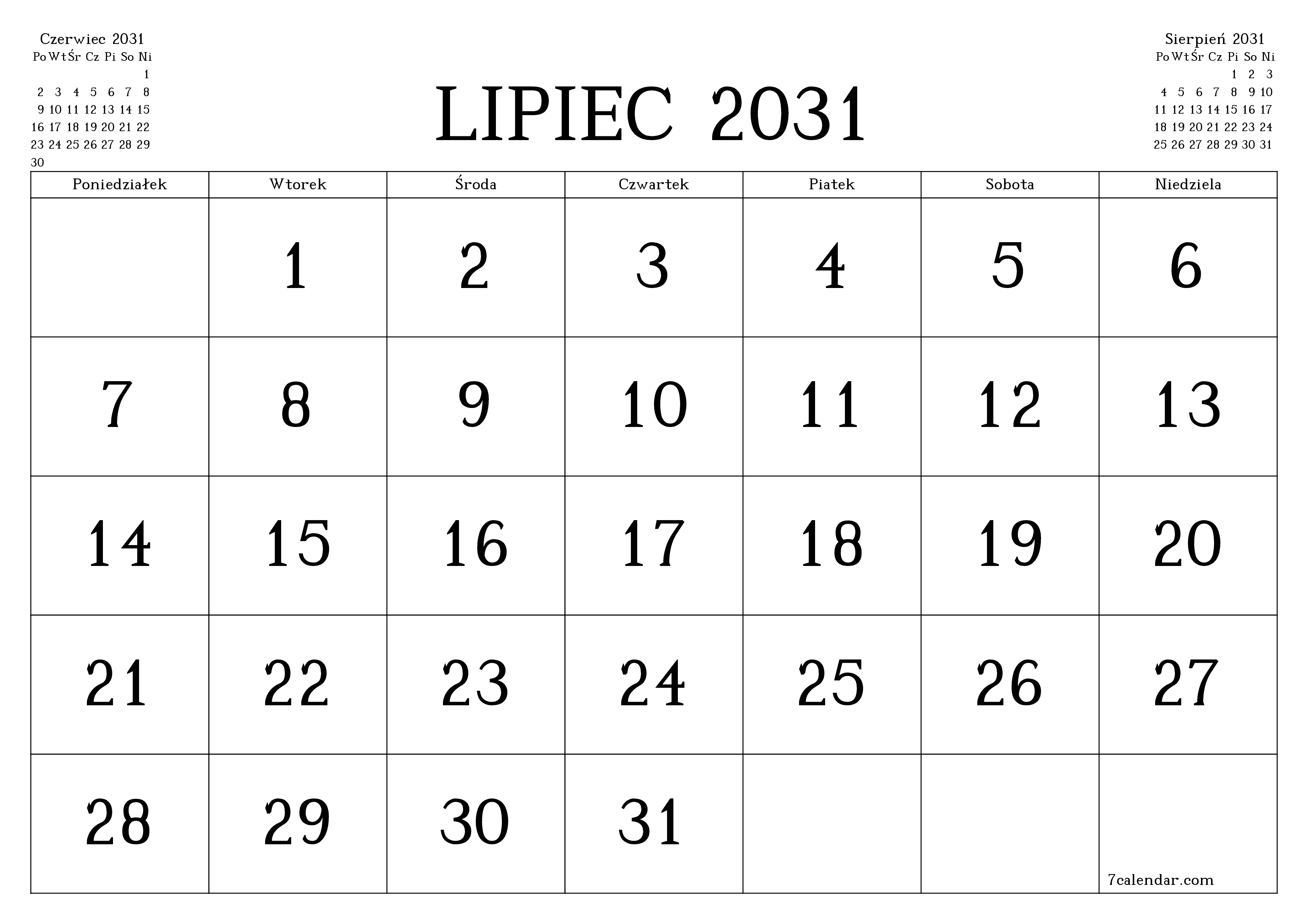 Opróżnij miesięczny planer na miesiąc Lipiec 2031 z notatkami, zapisz i wydrukuj w formacie PDF PNG Polish