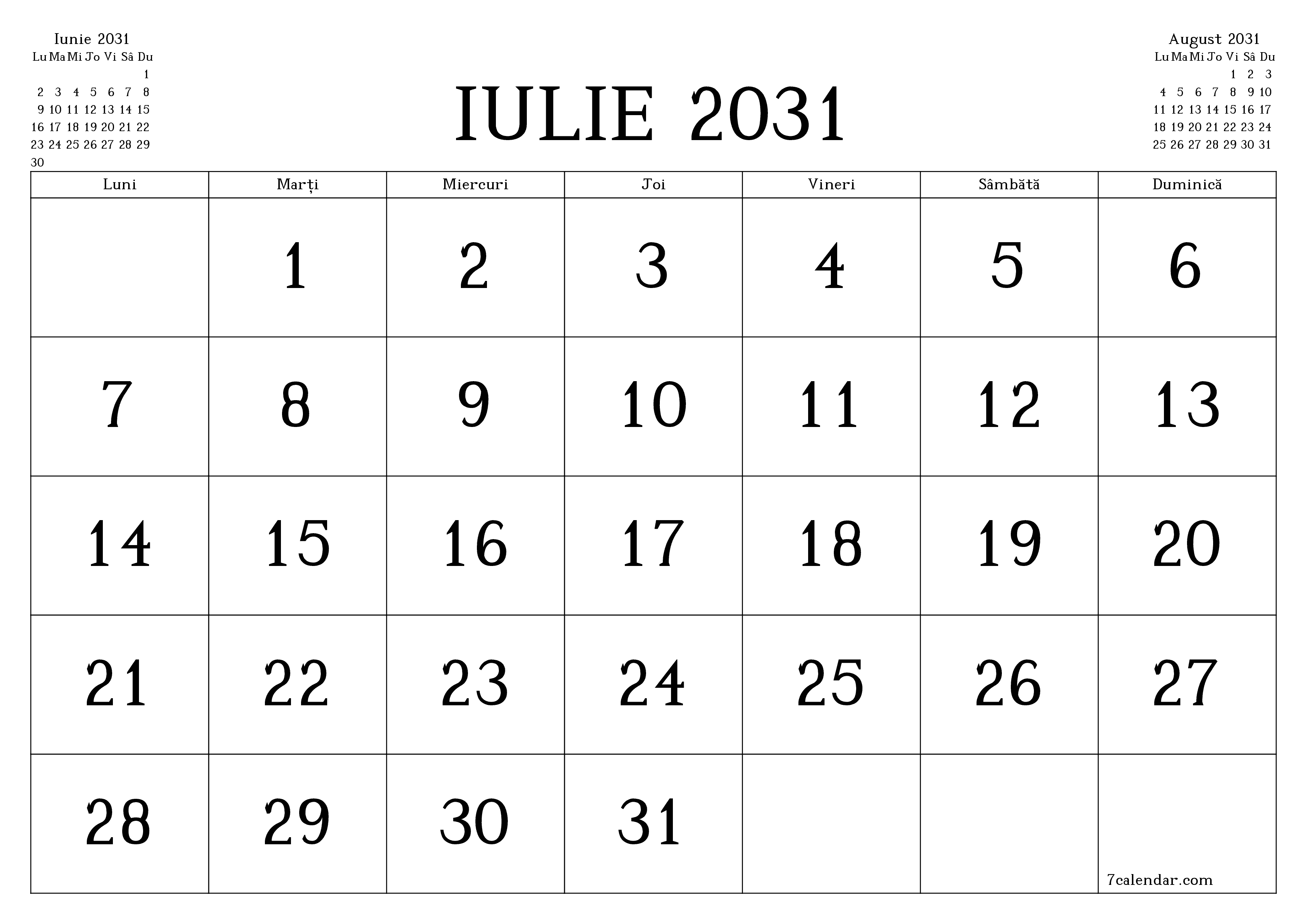 Planificator lunar gol pentru luna Iulie 2031 cu note, salvați și tipăriți în PDF PNG Romanian